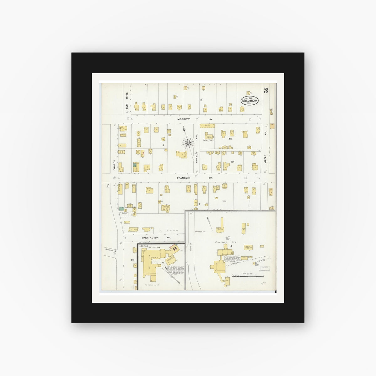 Old map wall art mockup — black gallery frame with white mat — Sanborn Fire Insurance Map from Millbrook, Dutchess County, New York (1905), Sheet #0003