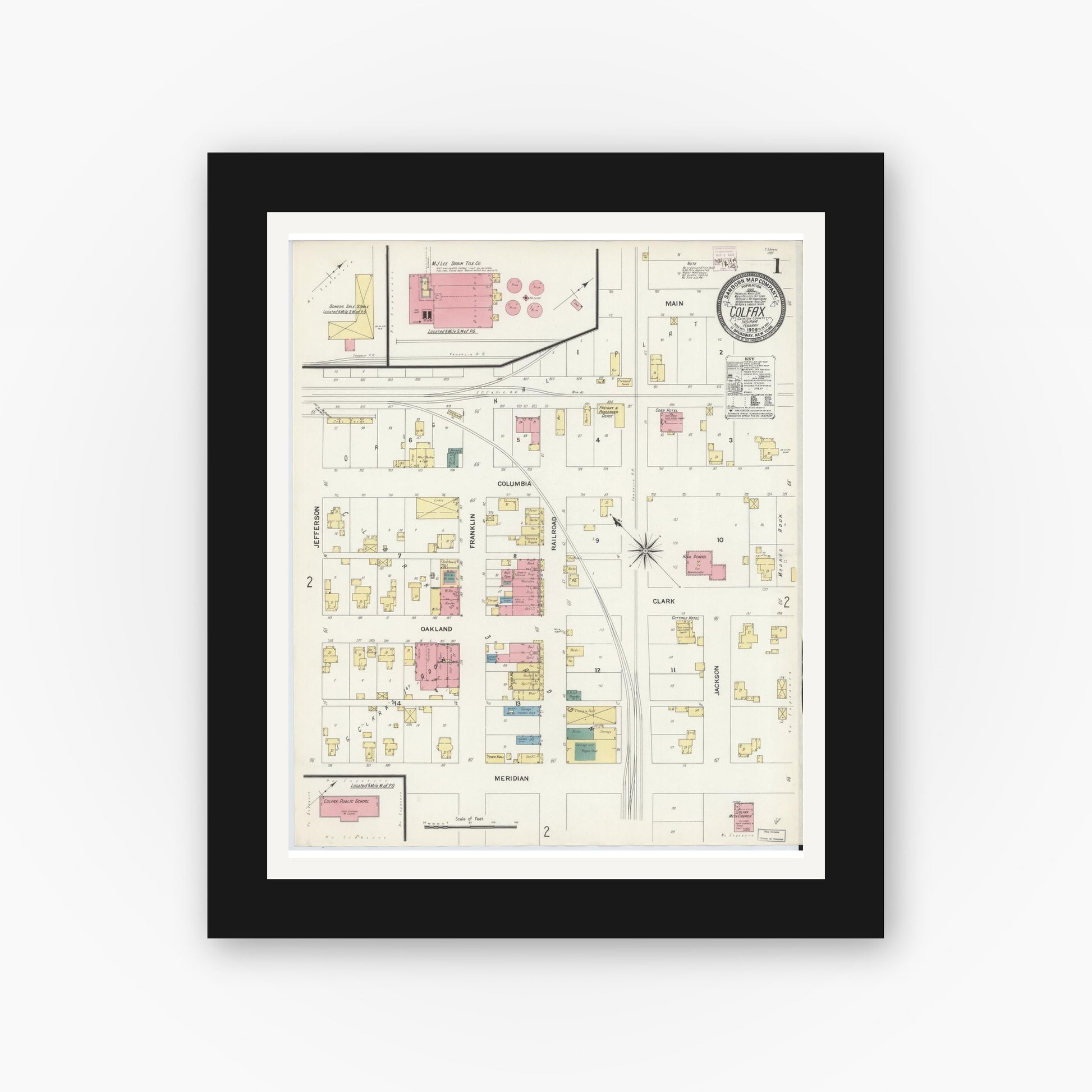 Old map wall art mockup — black gallery frame with white mat — Sanborn Fire Insurance Map from Colfax, Clinton County, Indiana (1909) - Complete Map Set