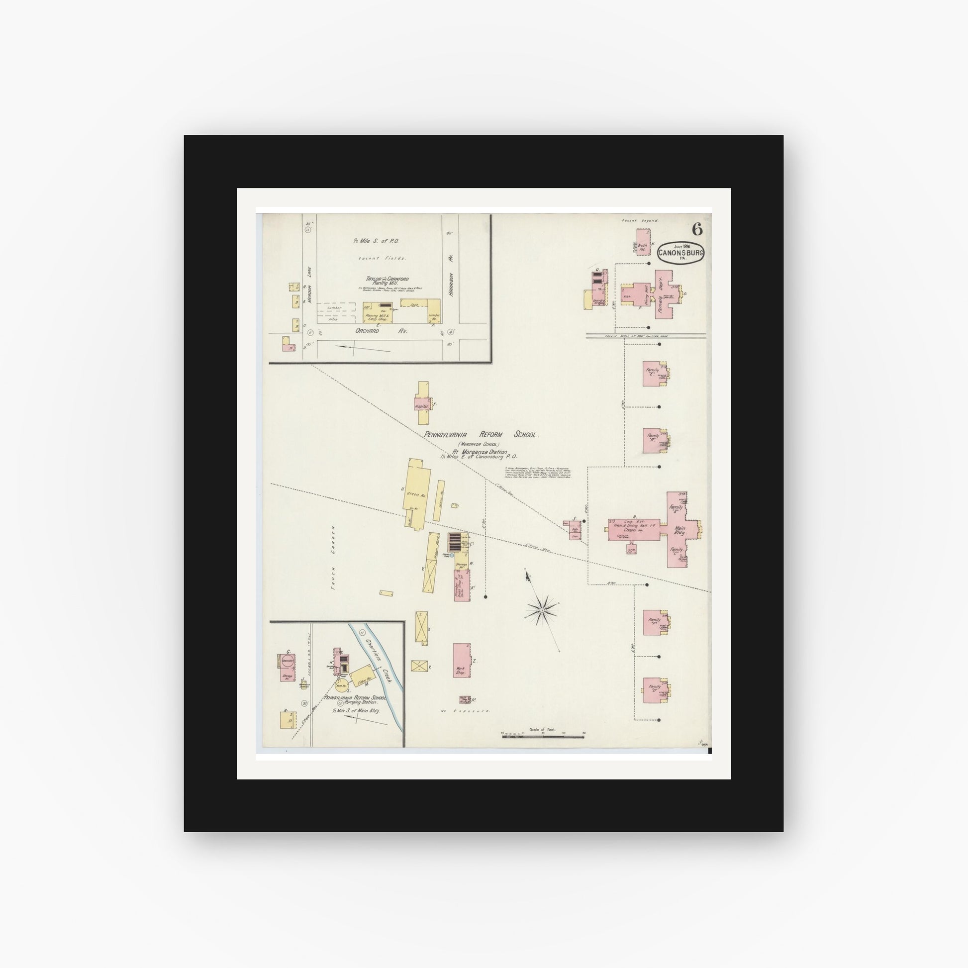 Old map wall art mockup — black gallery frame with white mat — Sanborn Fire Insurance Map from Canonsburg, Washington County, Pennsylvania (1896), Sheet #0006