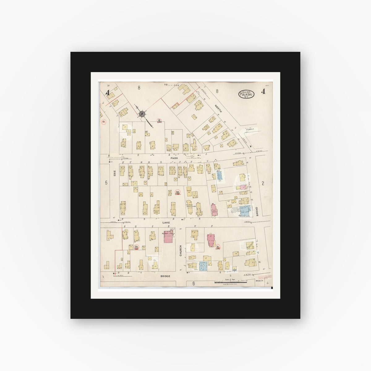 Old map wall art mockup — black gallery frame with white mat — Sanborn Fire Insurance Map from Pulaski, Oswego County, New York (1959), Sheet #0004