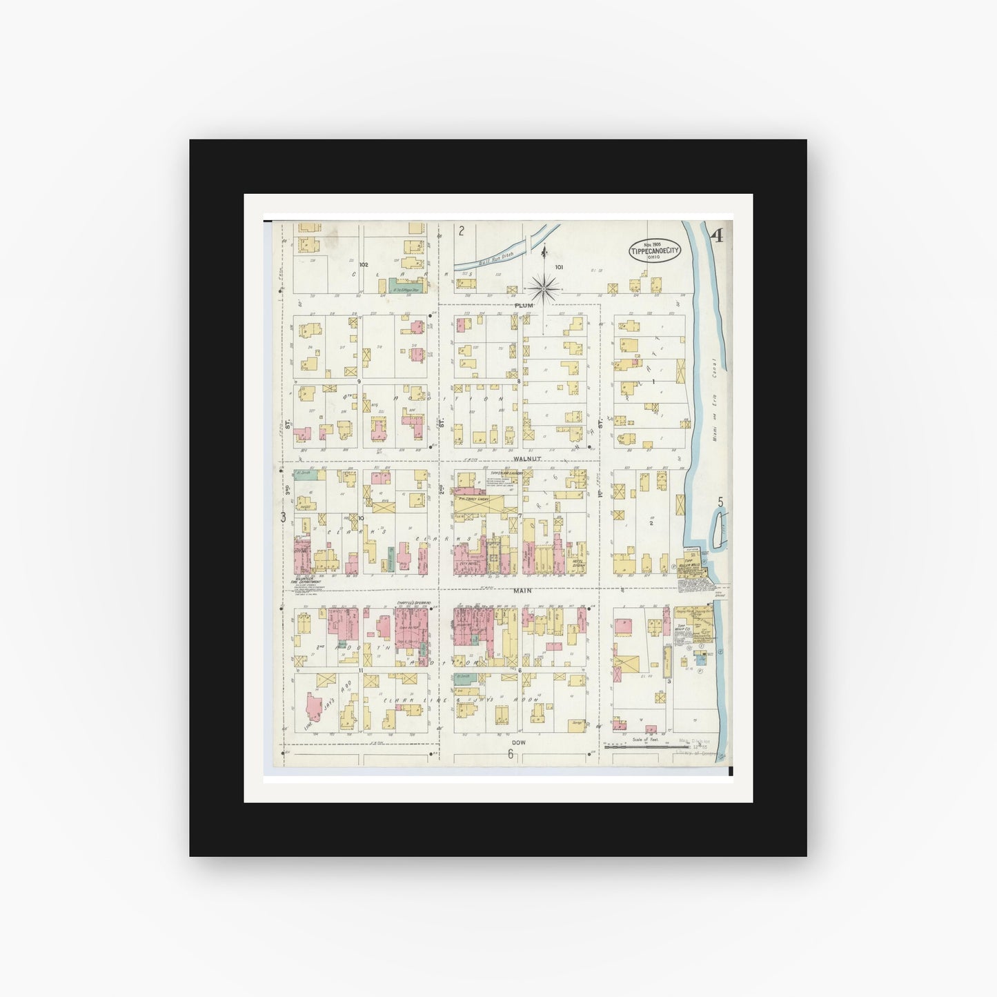 Old map wall art mockup — black gallery frame with white mat — Sanborn Fire Insurance Map from Tipp City, Miami County, Ohio (1905), Sheet #0004