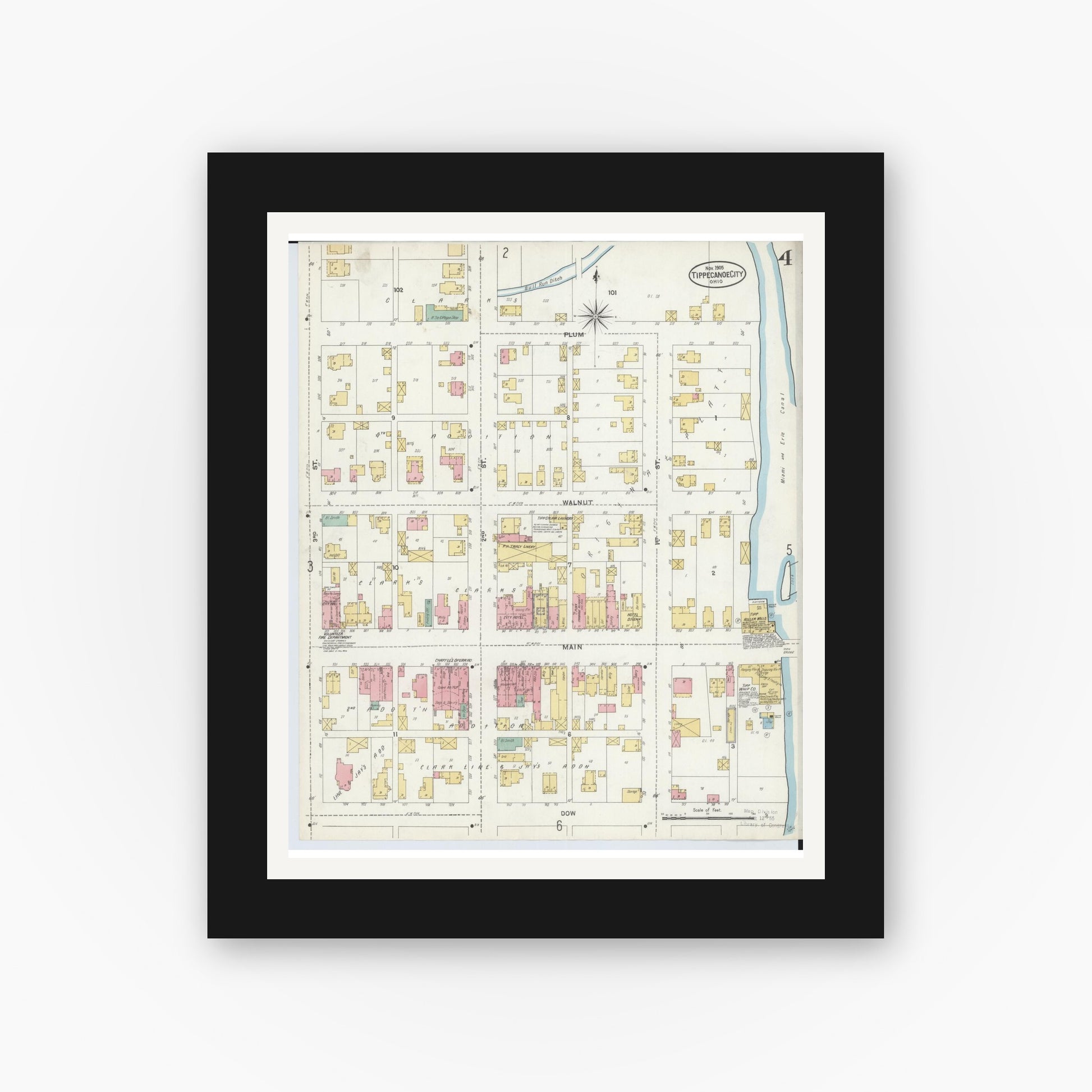Old map wall art mockup — black gallery frame with white mat — Sanborn Fire Insurance Map from Tipp City, Miami County, Ohio (1905), Sheet #0004