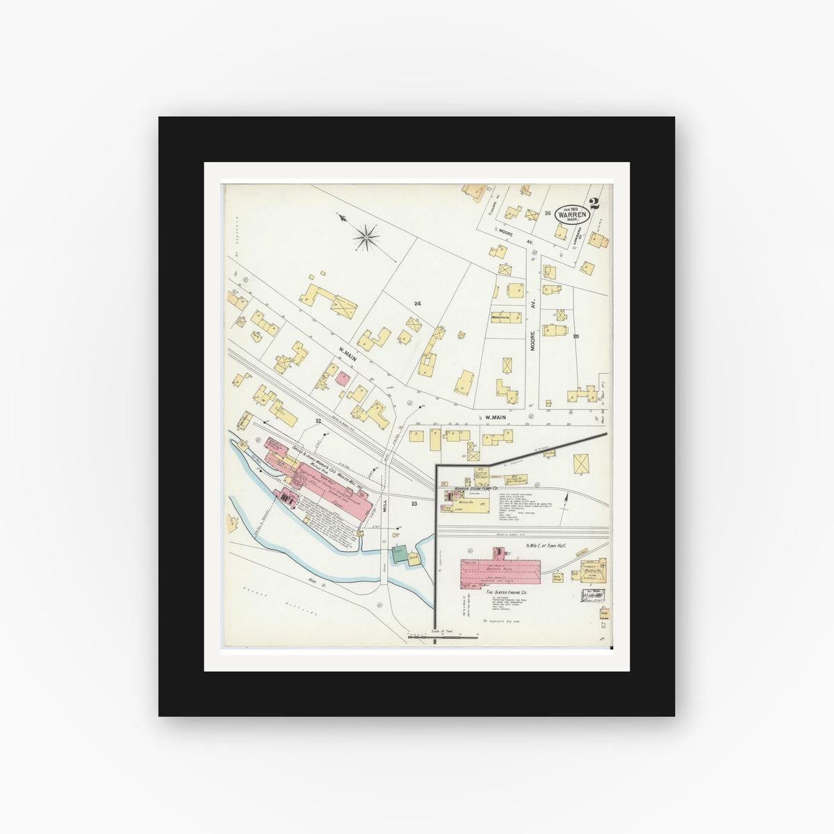 Old map wall art mockup — black gallery frame with white mat — Sanborn Fire Insurance Map from Warren, Worcester County, Massachusetts (1902), Sheet #0002