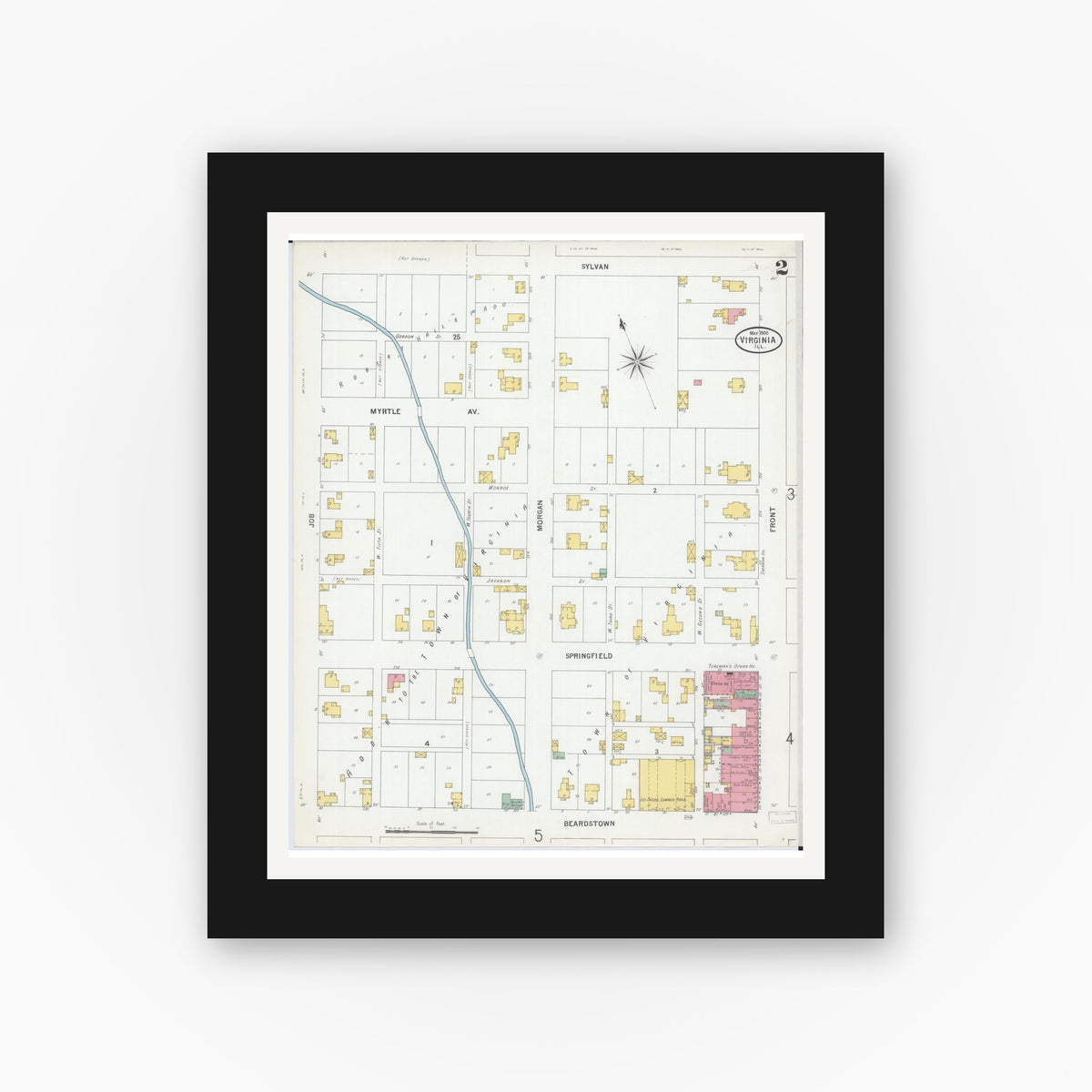 Old map wall art mockup — black gallery frame with white mat — Sanborn Fire Insurance Map from Virginia, Cass County, Illinois (1900), Sheet #0002