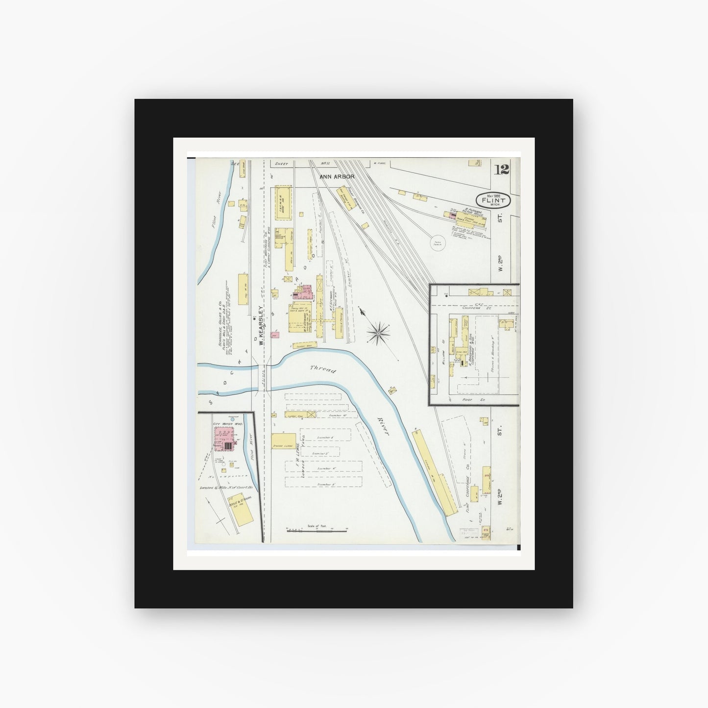 Old map wall art mockup — black gallery frame with white mat — Sanborn Fire Insurance Map from Flint, Genesee County, Michigan (1892), Sheet #0012
