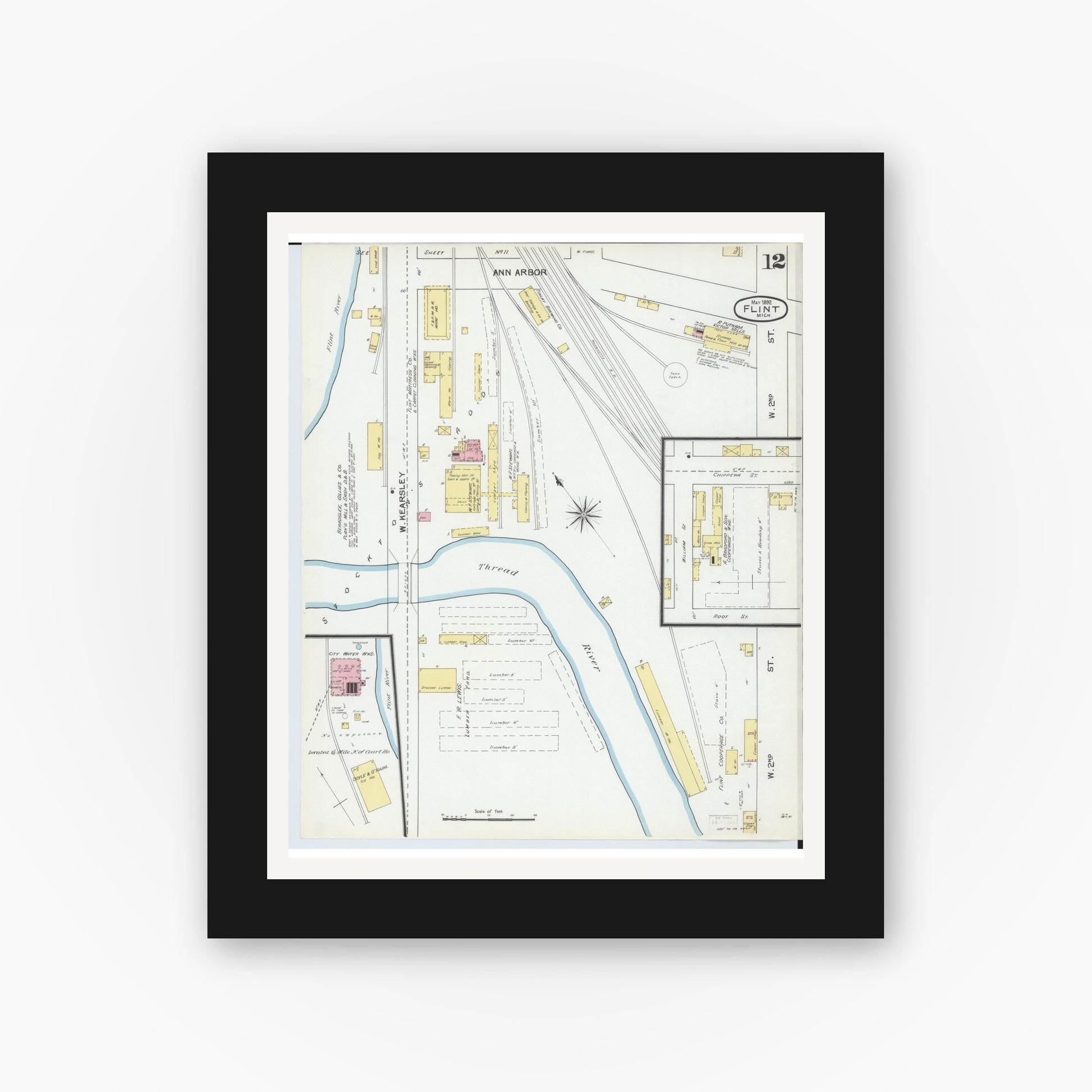 Old map wall art mockup — black gallery frame with white mat — Sanborn Fire Insurance Map from Flint, Genesee County, Michigan (1892), Sheet #0012
