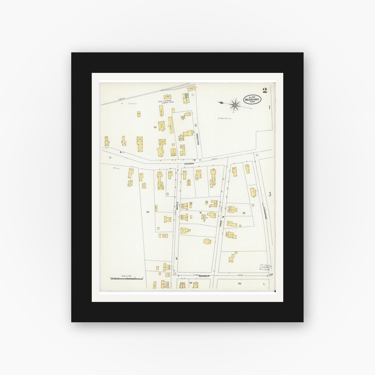 Old map wall art mockup — black gallery frame with white mat — Sanborn Fire Insurance Map from Merrimac, Essex County, Massachusetts (1907), Sheet #0002