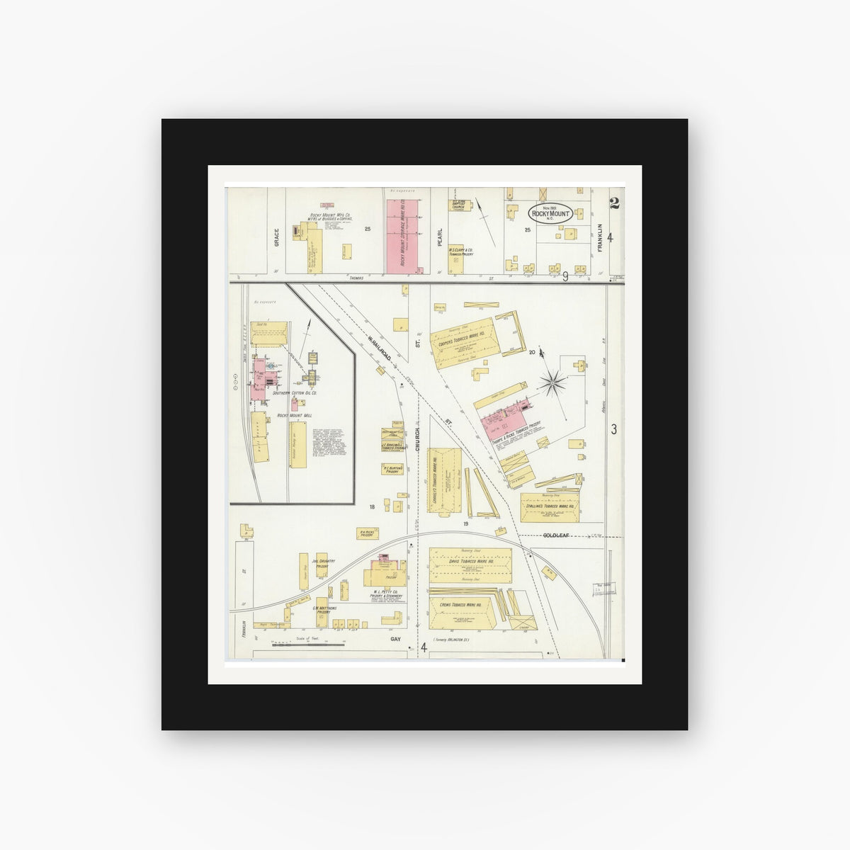 Old map wall art mockup — black gallery frame with white mat — Sanborn Fire Insurance Map from Rocky Mount, Edgecombe And Nash Counties, North Carolina (1901), Sheet #0002