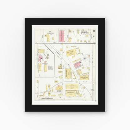 Old map wall art mockup — black gallery frame with white mat — Sanborn Fire Insurance Map from Rocky Mount, Edgecombe And Nash Counties, North Carolina (1901), Sheet #0002