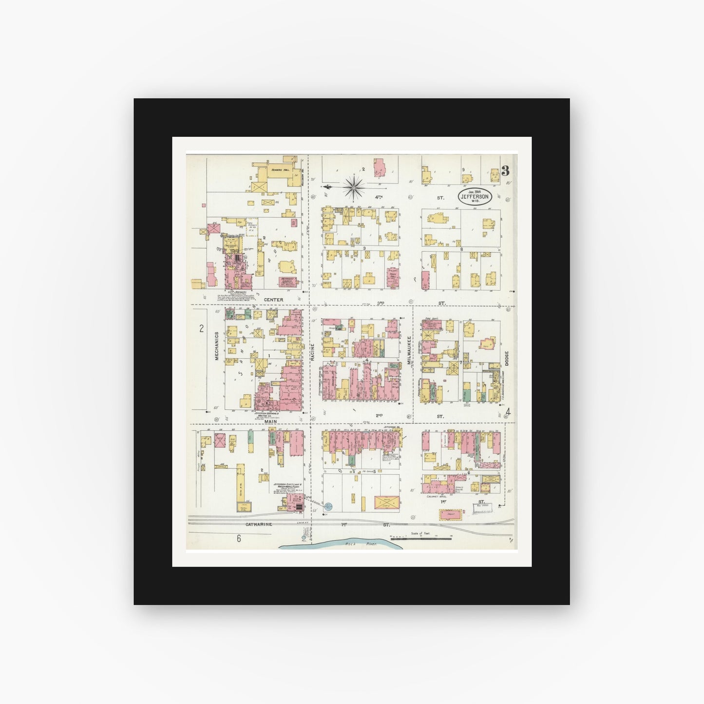 Old map wall art mockup — black gallery frame with white mat — Sanborn Fire Insurance Map from Jefferson, Jefferson County, Wisconsin (1904), Sheet #0003
