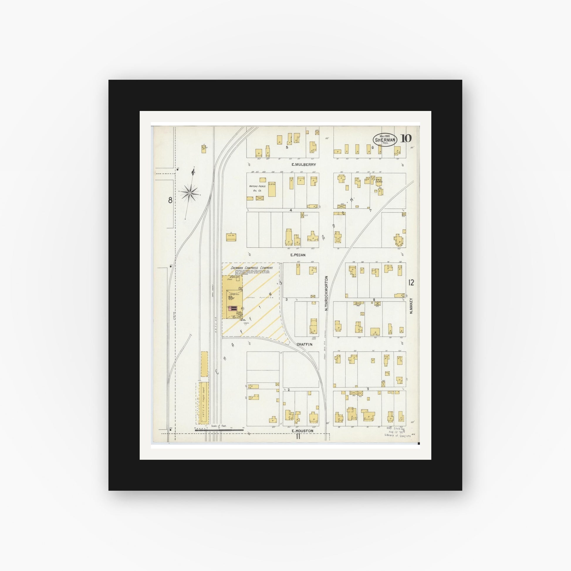Old map wall art mockup — black gallery frame with white mat — Sanborn Fire Insurance Map from Sherman, Grayson County, Texas (1902), Sheet #0010