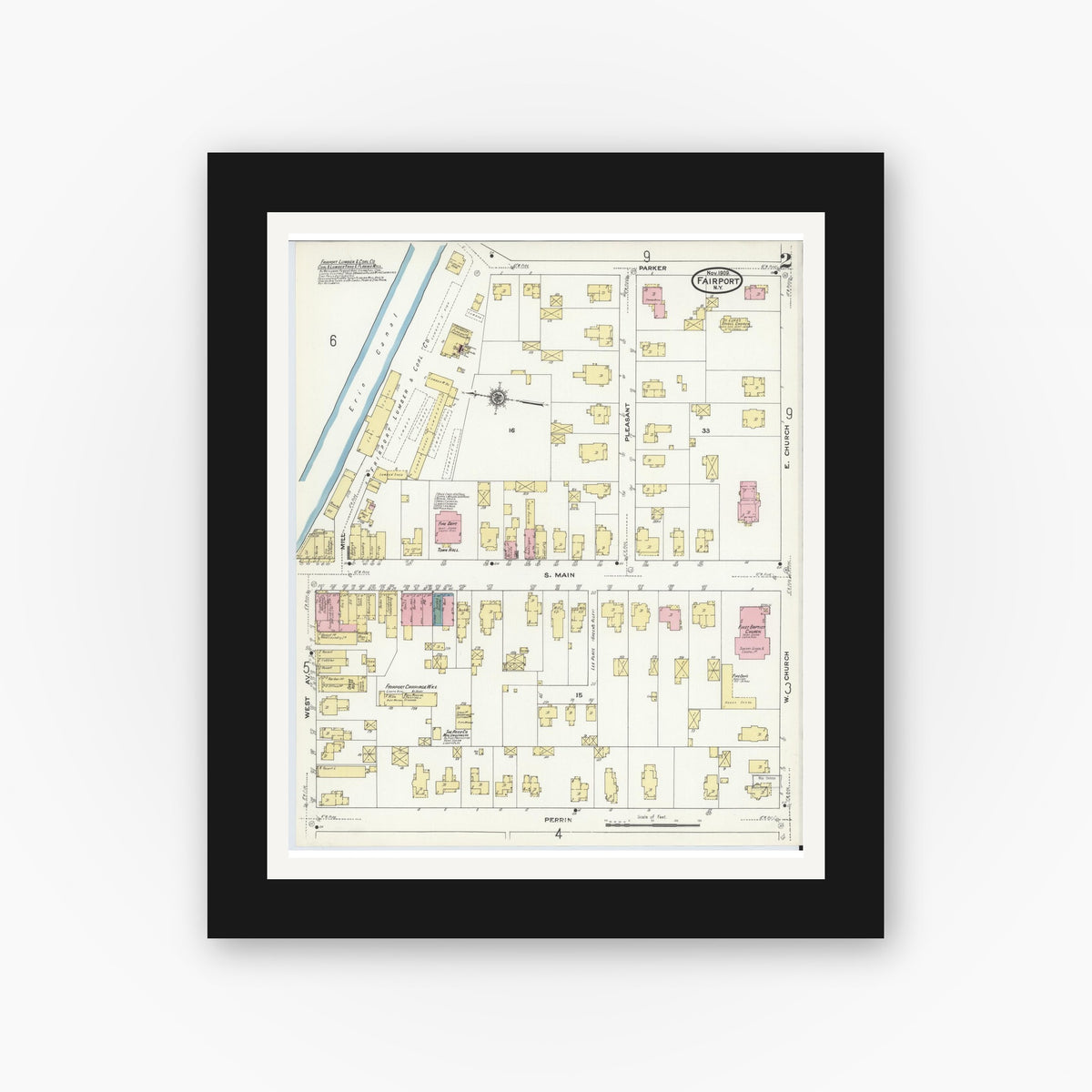 Old map wall art mockup — black gallery frame with white mat — Sanborn Fire Insurance Map from Fairport, Monroe County, New York (1909) - Complete Map Set