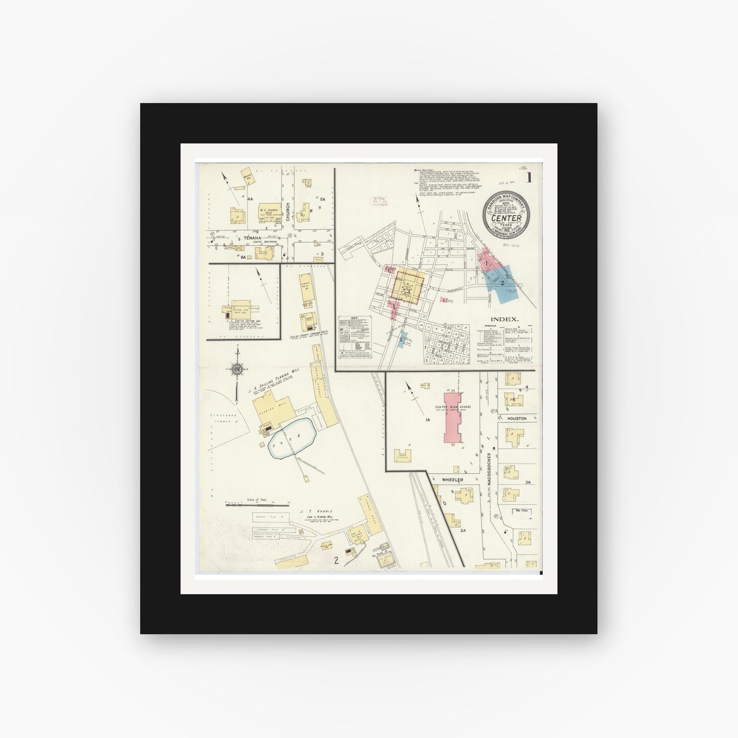 Old map wall art mockup — black gallery frame with white mat — Sanborn Fire Insurance Map from Center, Shelby County, Texas (1912), Sheet #0001