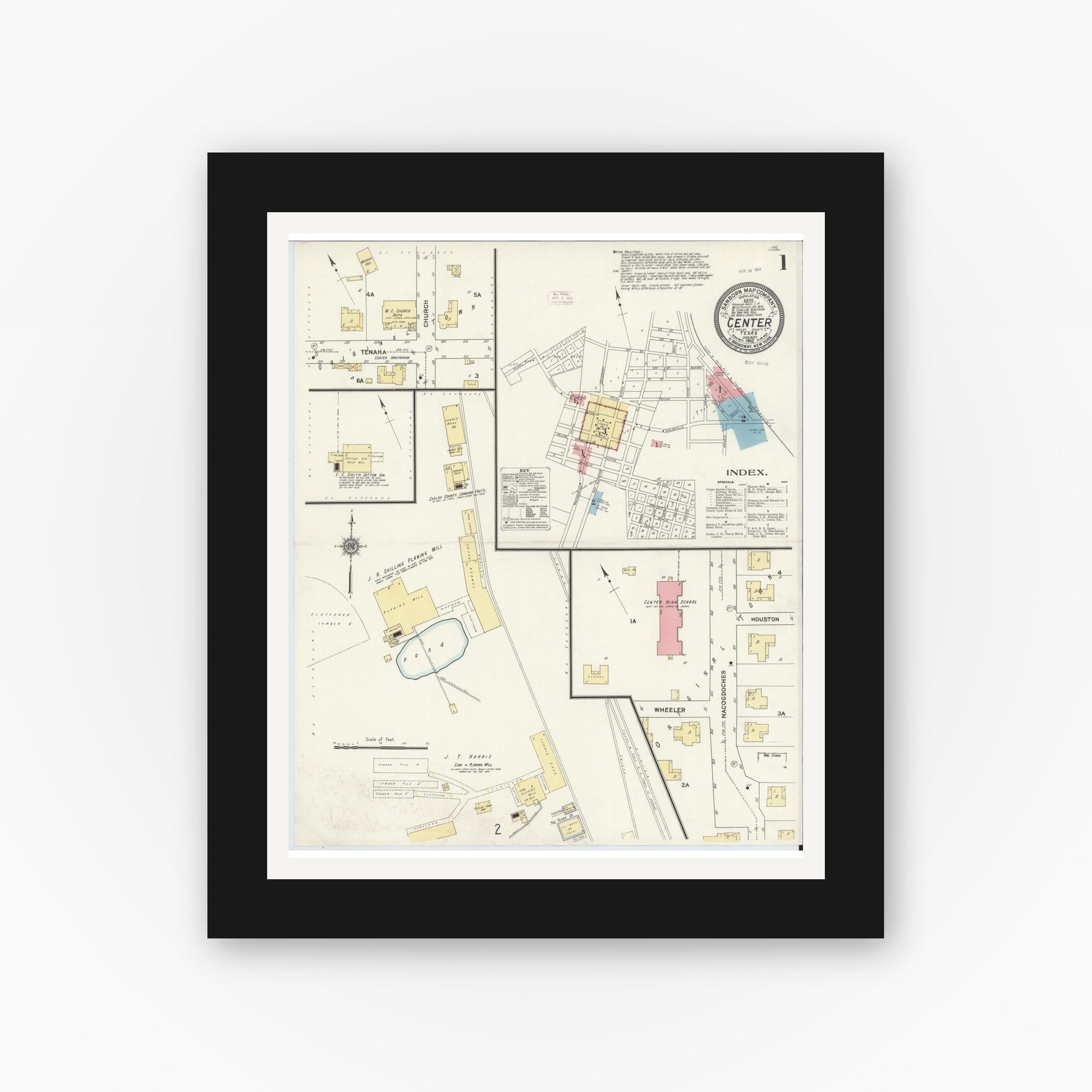 Old map wall art mockup — black gallery frame with white mat — Sanborn Fire Insurance Map from Center, Shelby County, Texas (1912), Sheet #0001