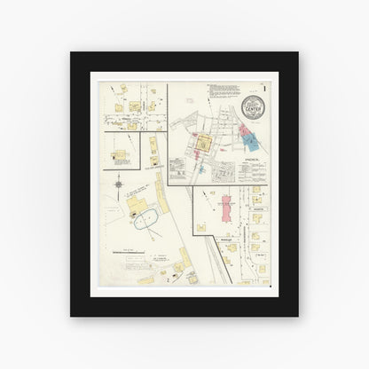 Old map wall art mockup — black gallery frame with white mat — Sanborn Fire Insurance Map from Center, Shelby County, Texas (1912), Sheet #0001