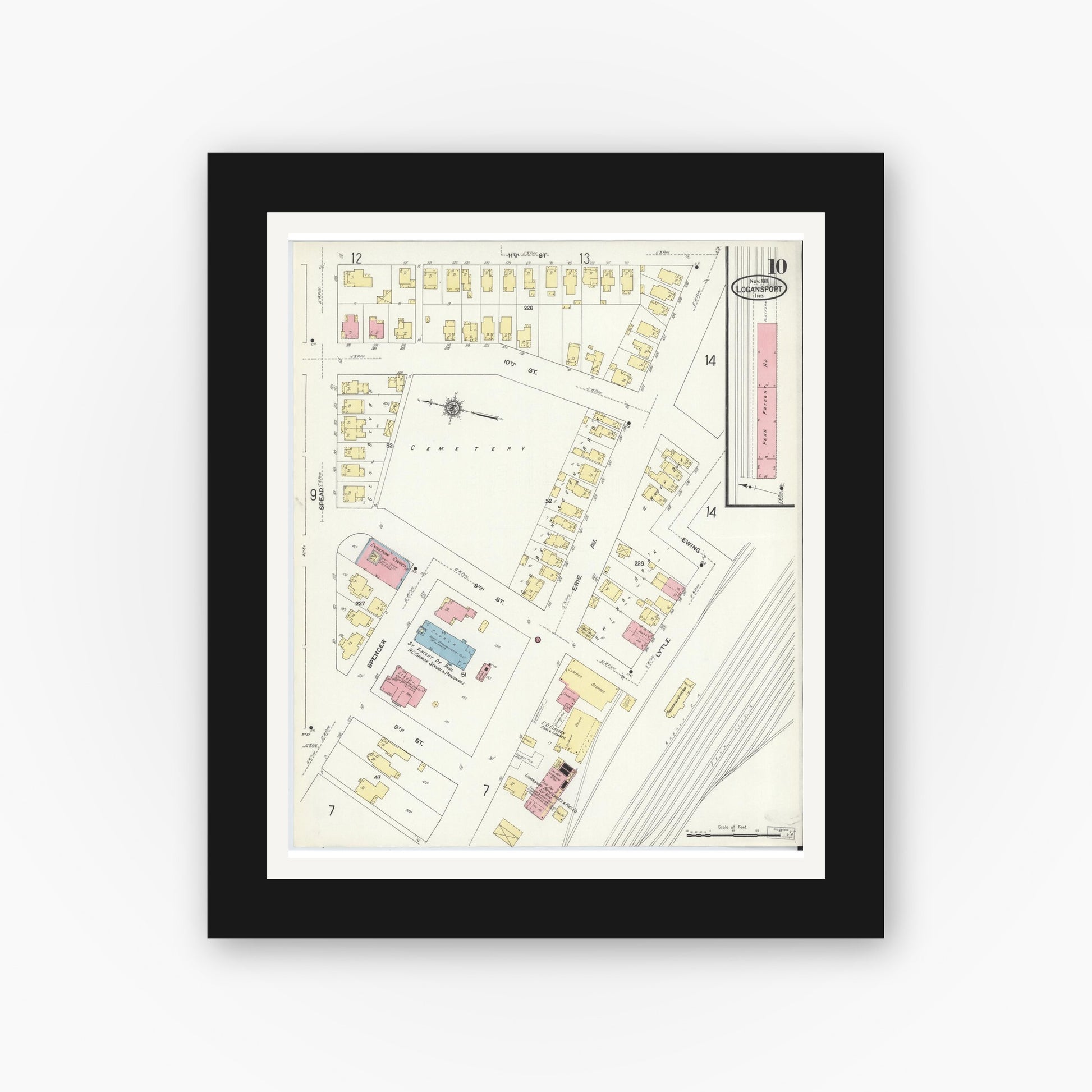 Old map wall art mockup — black gallery frame with white mat — Sanborn Fire Insurance Map from Logansport, Cass County, Indiana (1911), Sheet #0010