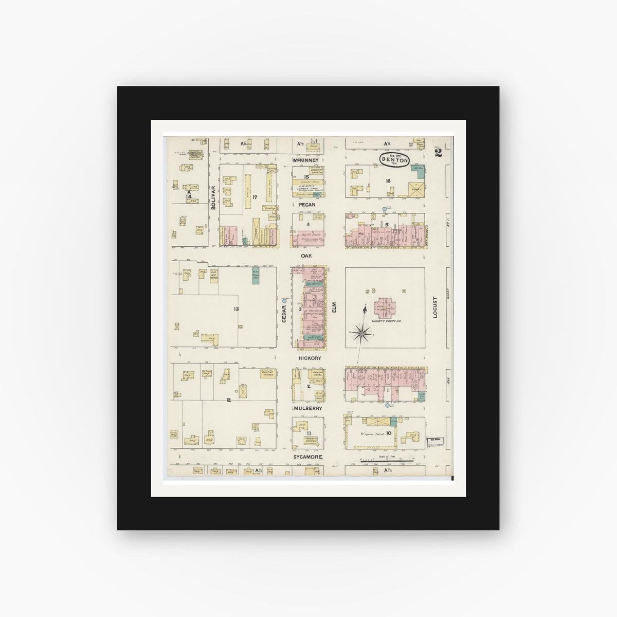 Old map wall art mockup — black gallery frame with white mat — Sanborn Fire Insurance Map from Denton, Denton County, Texas (1891), Sheet #0002