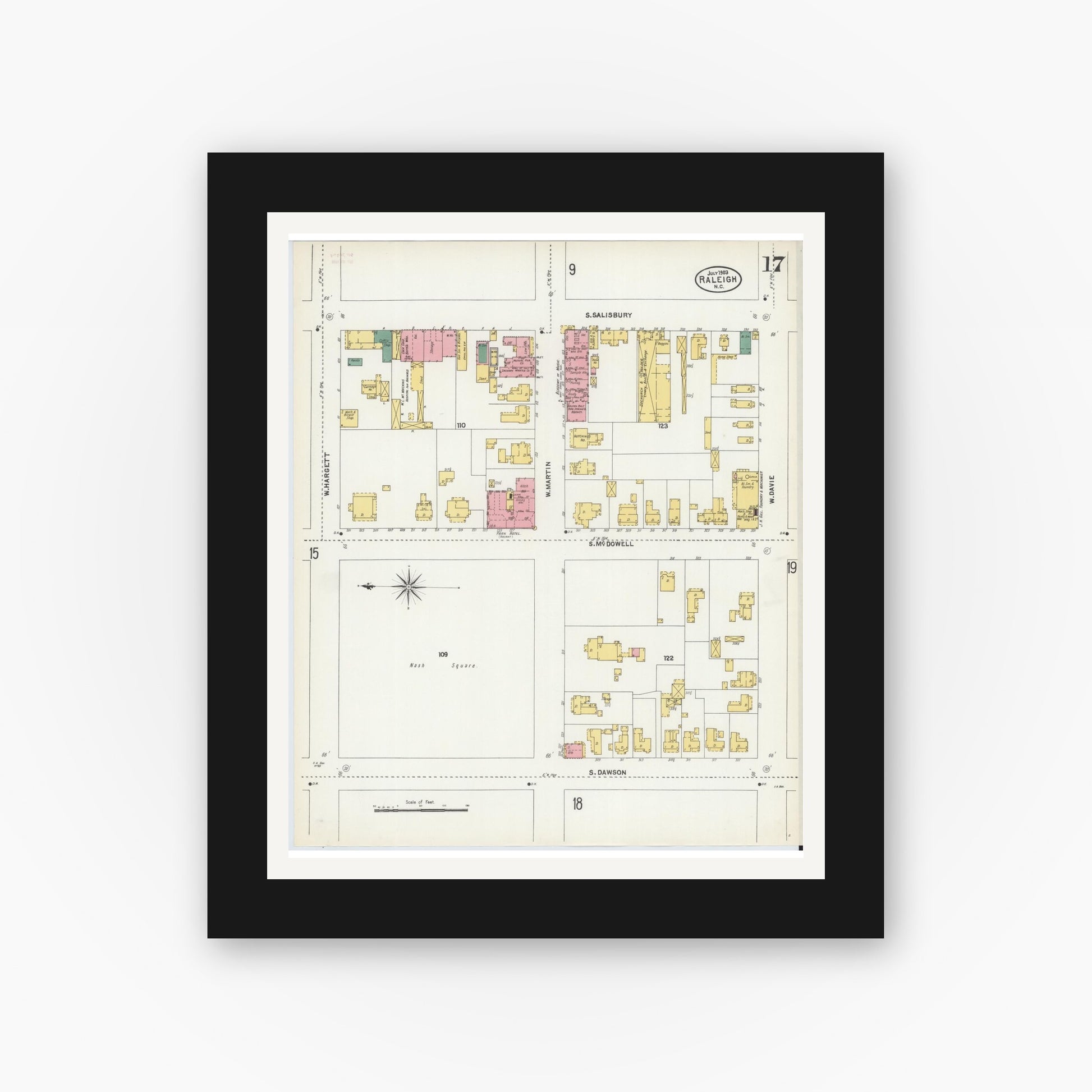Old map wall art mockup — black gallery frame with white mat — Sanborn Fire Insurance Map from Raleigh, Wake County, North Carolina (1903), Sheet #0017