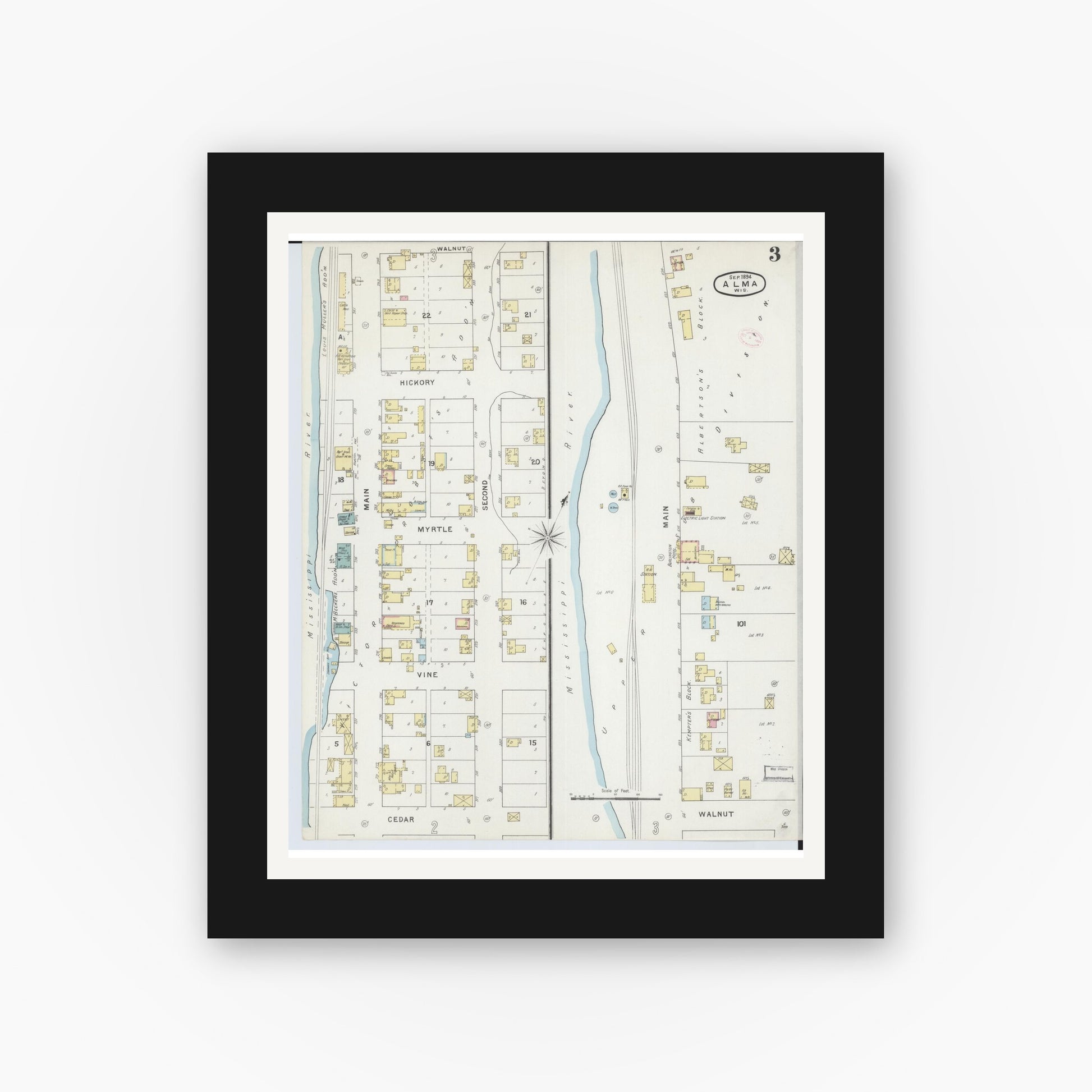 Old map wall art mockup — black gallery frame with white mat — Sanborn Fire Insurance Map from Alma, Buffalo County, Wisconsin (1894), Sheet #0003