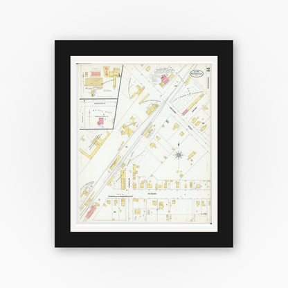 Old map wall art mockup — black gallery frame with white mat — Sanborn Fire Insurance Map from Rushville, Schuyler County, Illinois (1900), Sheet #0002