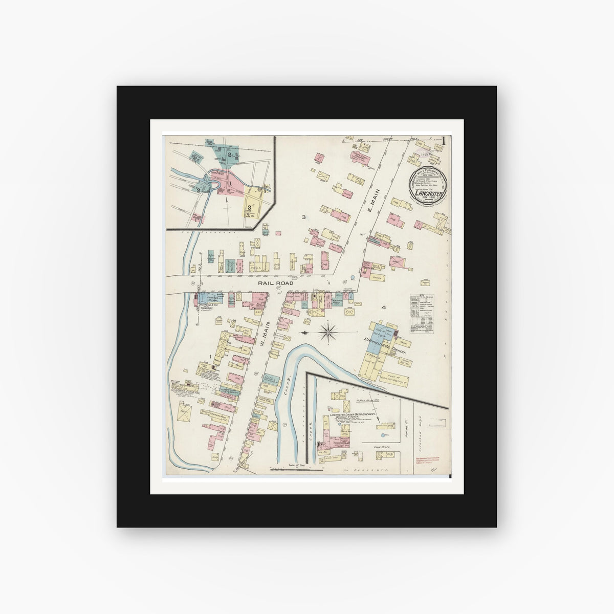Old map wall art mockup — black gallery frame with white mat — Sanborn Fire Insurance Map from Lancaster, Erie County, New York (1885) - Complete Map Set