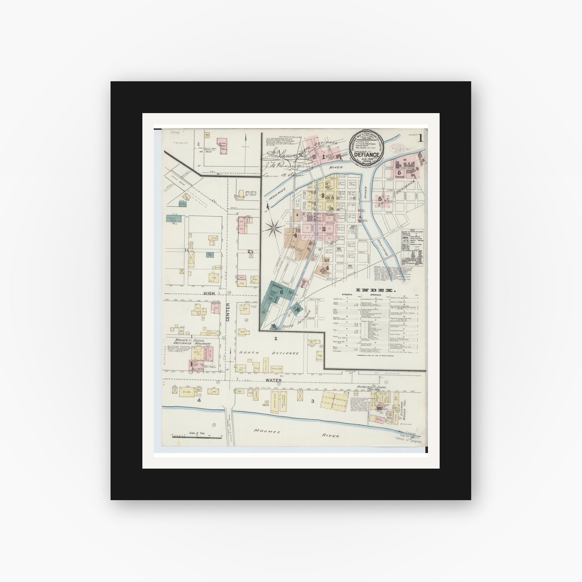 Old map wall art mockup — black gallery frame with white mat — Sanborn Fire Insurance Map from Defiance, Defiance County, Ohio (1888) - Complete Map Set