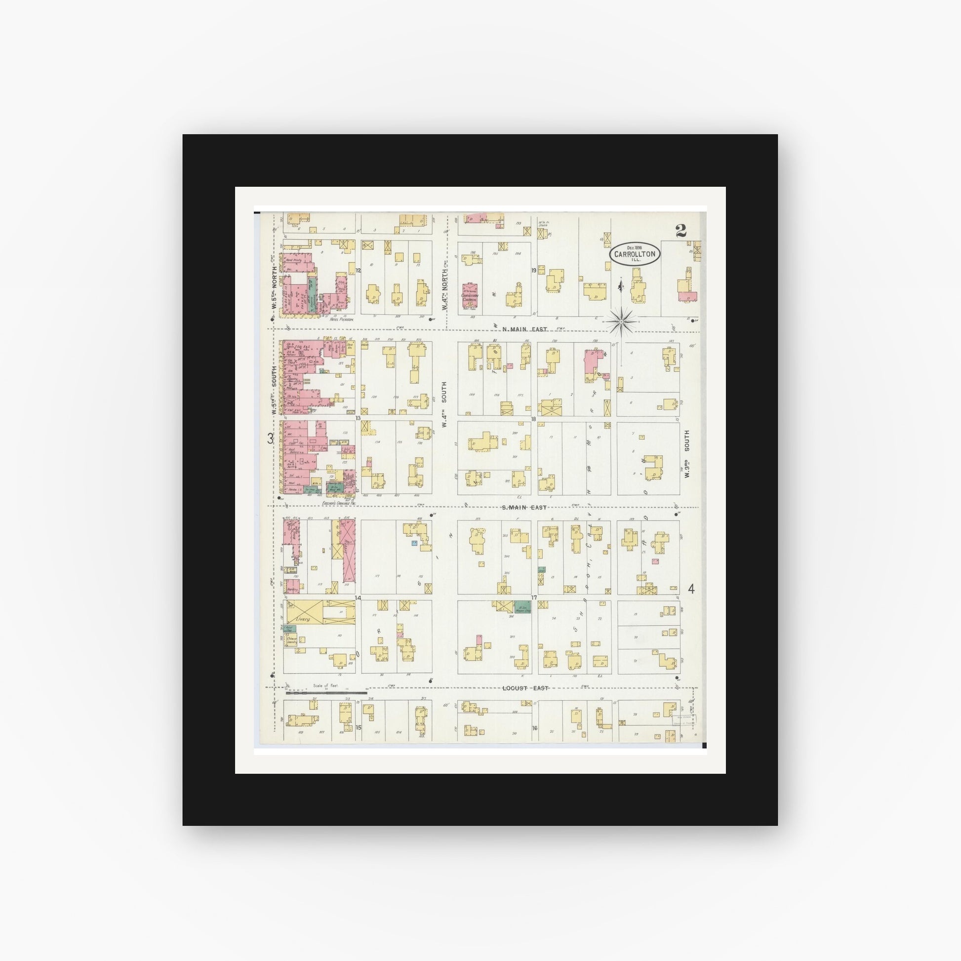 Old map wall art mockup — black gallery frame with white mat — Sanborn Fire Insurance Map from Carrollton, Greene County, Illinois (1898), Sheet #0002
