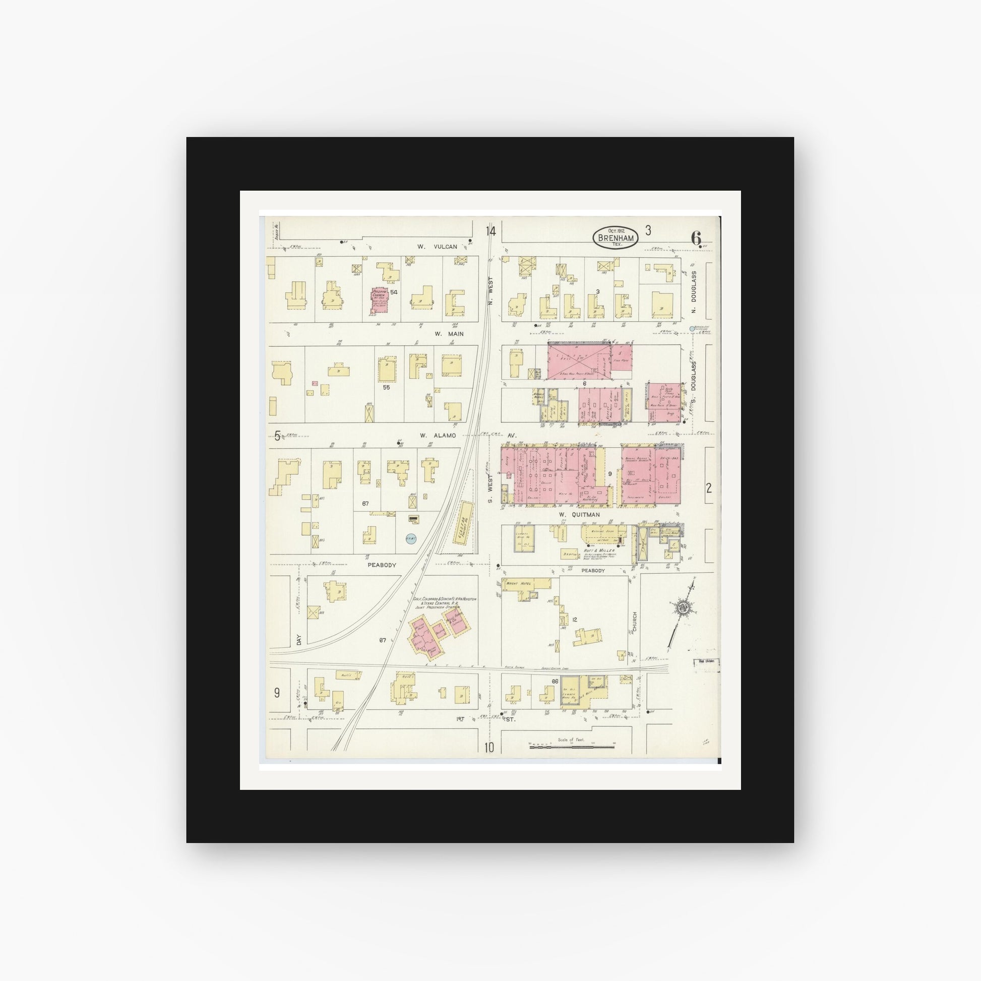 Old map wall art mockup — black gallery frame with white mat — Sanborn Fire Insurance Map from Brenham, Washington County, Texas (1912), Sheet #0006