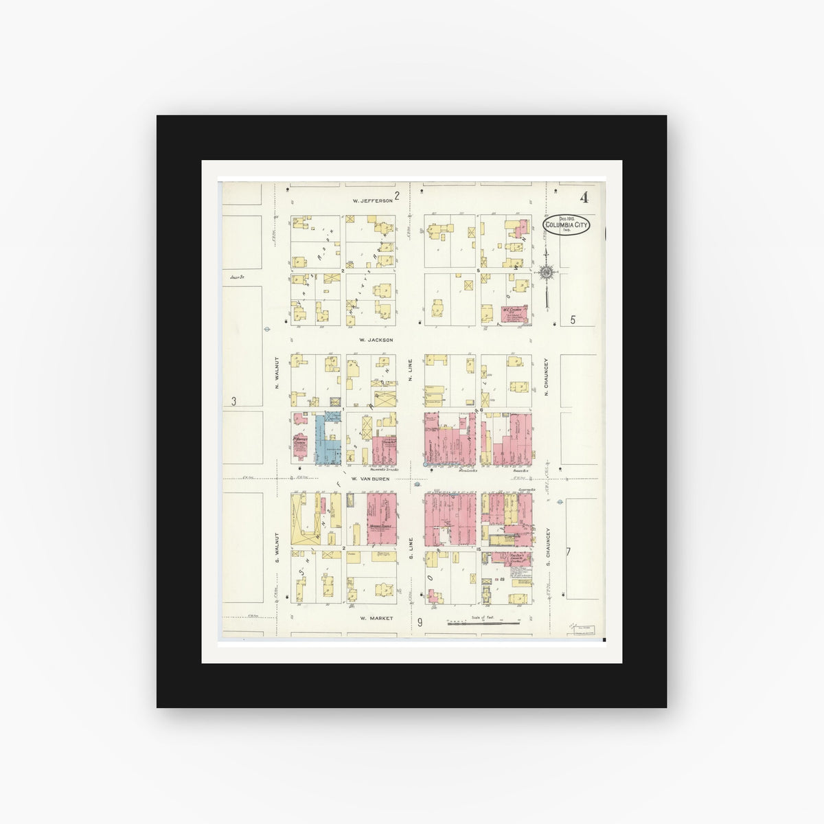Old map wall art mockup — black gallery frame with white mat — Sanborn Fire Insurance Map from Columbia City, Whitley County, Indiana (1910), Sheet #0004