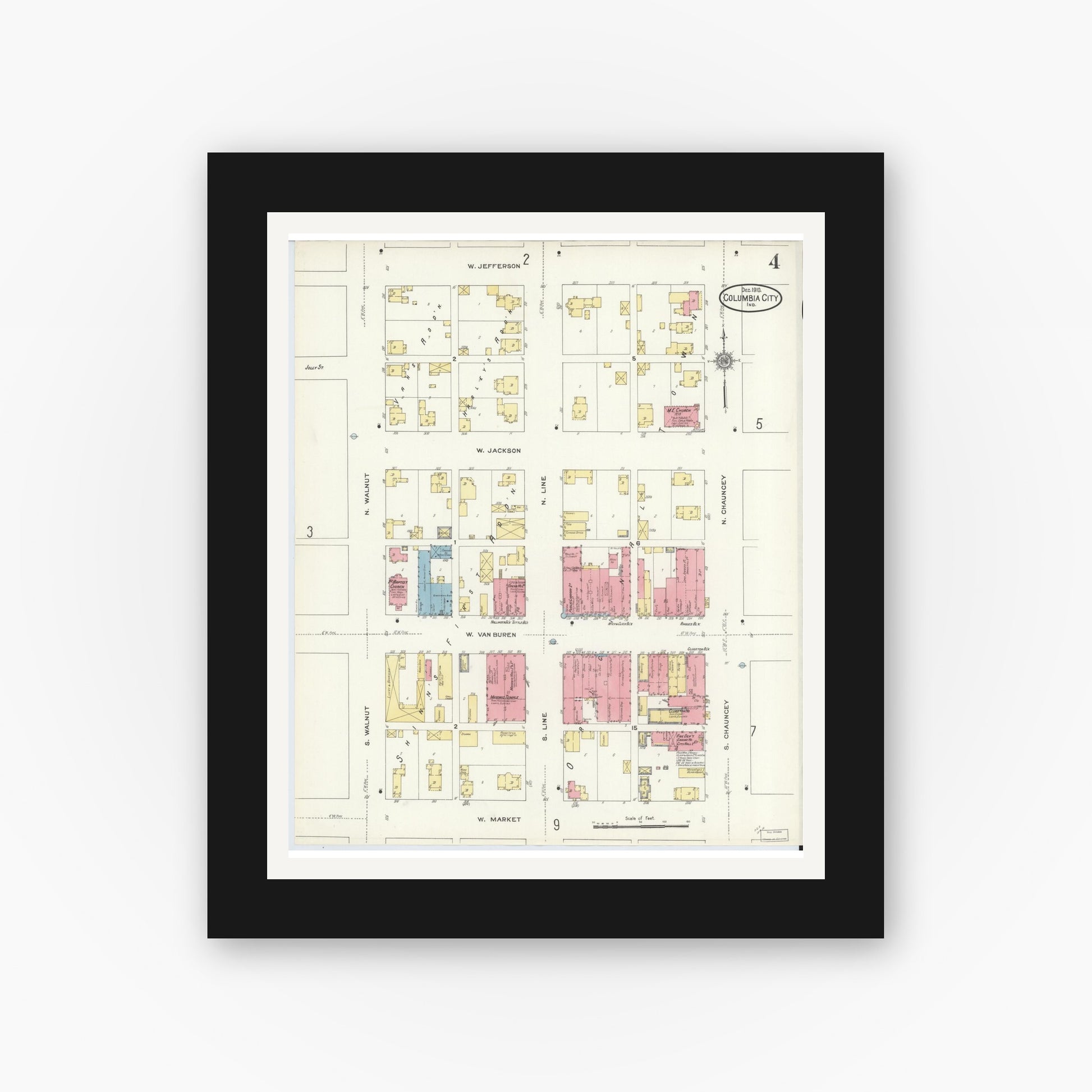 Old map wall art mockup — black gallery frame with white mat — Sanborn Fire Insurance Map from Columbia City, Whitley County, Indiana (1910), Sheet #0004