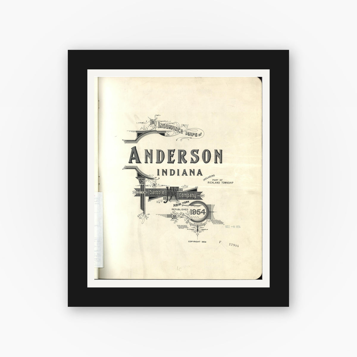 Old map wall art mockup — black gallery frame with white mat — Sanborn Fire Insurance Map from Anderson, Madison County, Indiana (1954), Sheet #0001