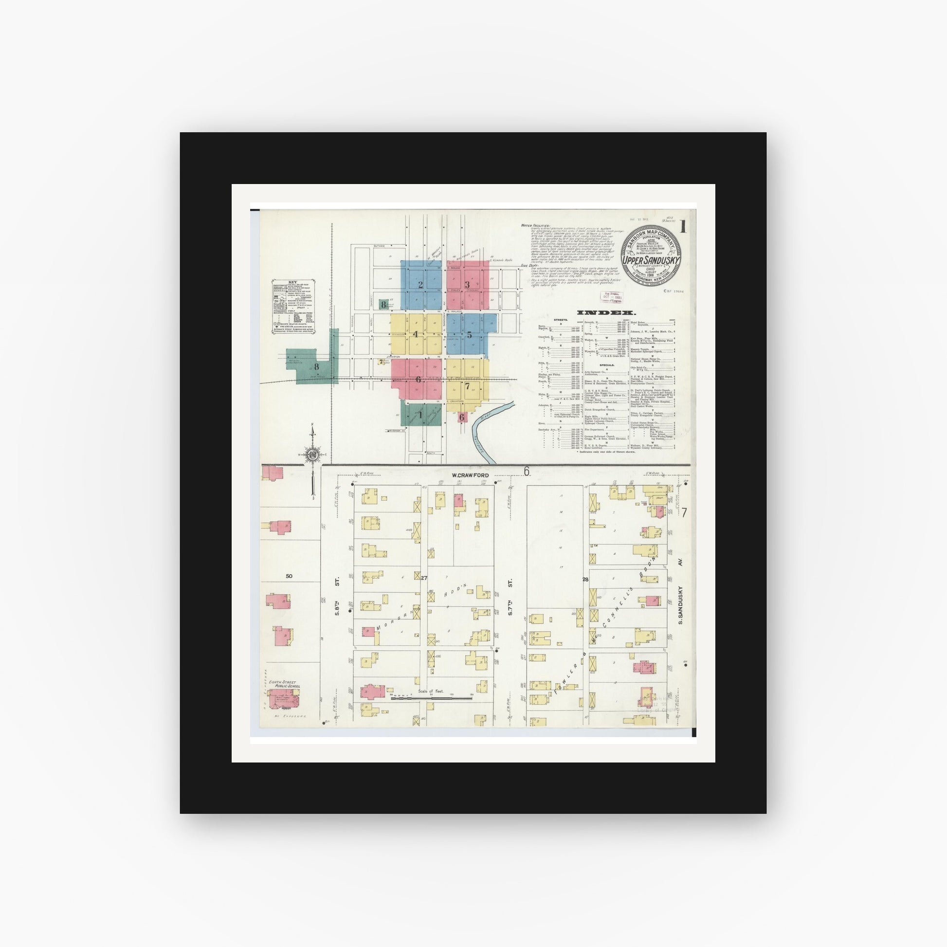 Old map wall art mockup — black gallery frame with white mat — Sanborn Fire Insurance Map from Upper Sandusky, Wyandot County, Ohio (1911), Sheet #0001