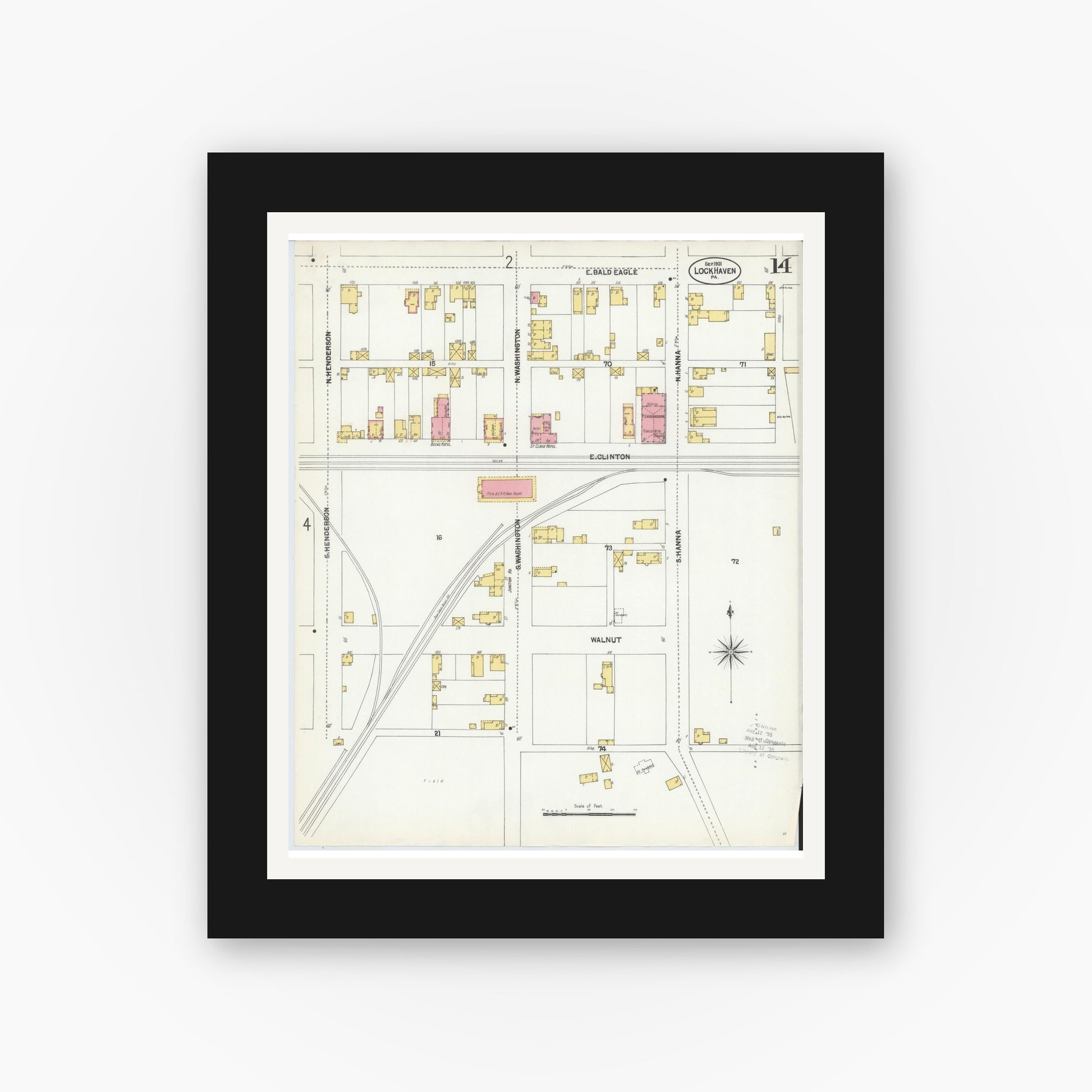 Old map wall art mockup — black gallery frame with white mat — Sanborn Fire Insurance Map from Lock Haven, Clinton County, Pennsylvania (1901), Sheet #0014
