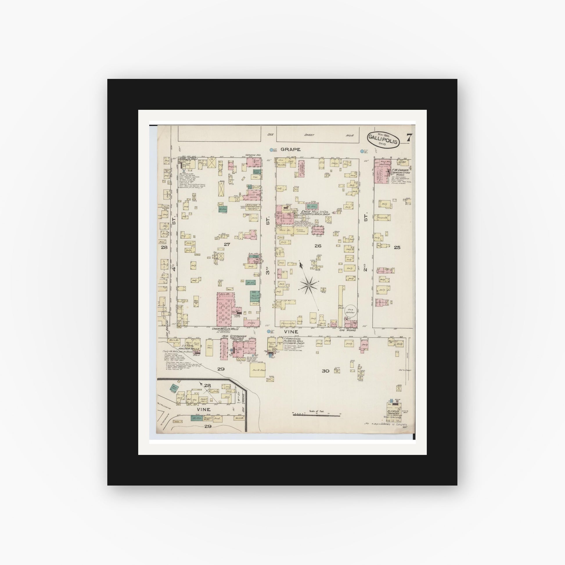 Old map wall art mockup — black gallery frame with white mat — Sanborn Fire Insurance Map from Gallipolis, Gallia County, Ohio (1885), Sheet #0007