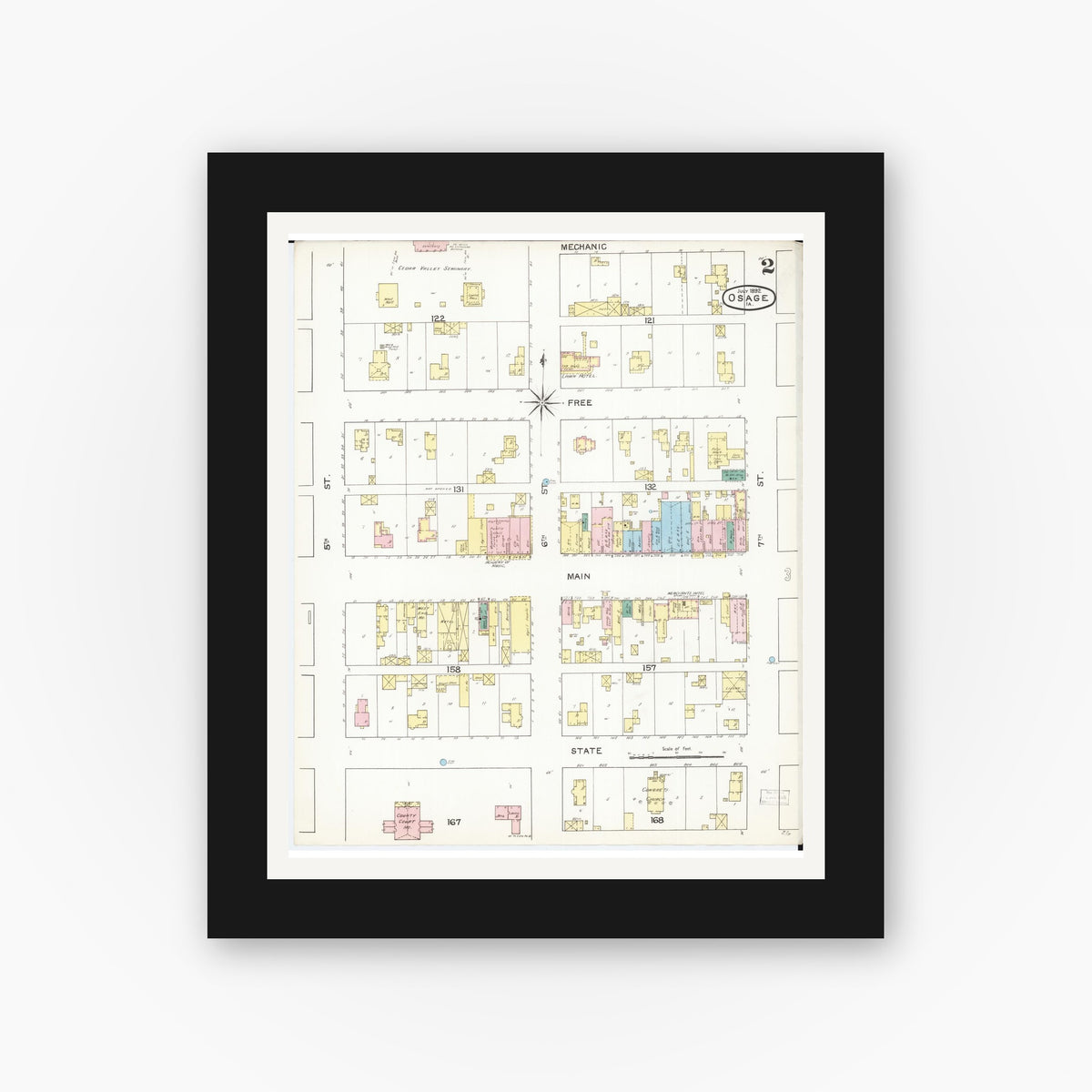 Old map wall art mockup — black gallery frame with white mat — Sanborn Fire Insurance Map from Osage, Mitchell County, Iowa (1892), Sheet #0002