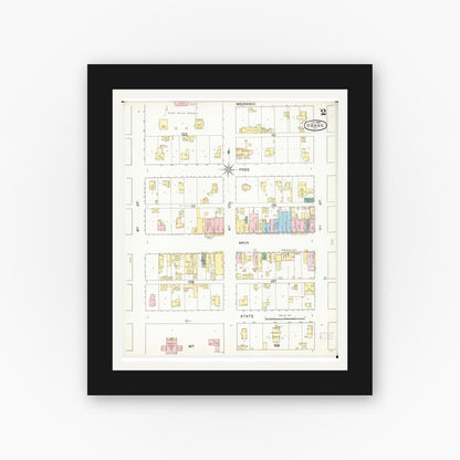 Old map wall art mockup — black gallery frame with white mat — Sanborn Fire Insurance Map from Osage, Mitchell County, Iowa (1892), Sheet #0002