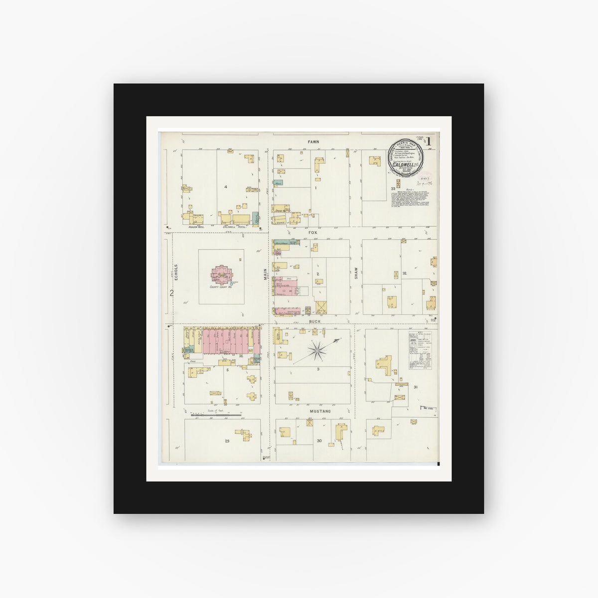 Old map wall art mockup — black gallery frame with white mat — Sanborn Fire Insurance Map from Caldwell, Burleson County, Texas (1896) - Complete Map Set