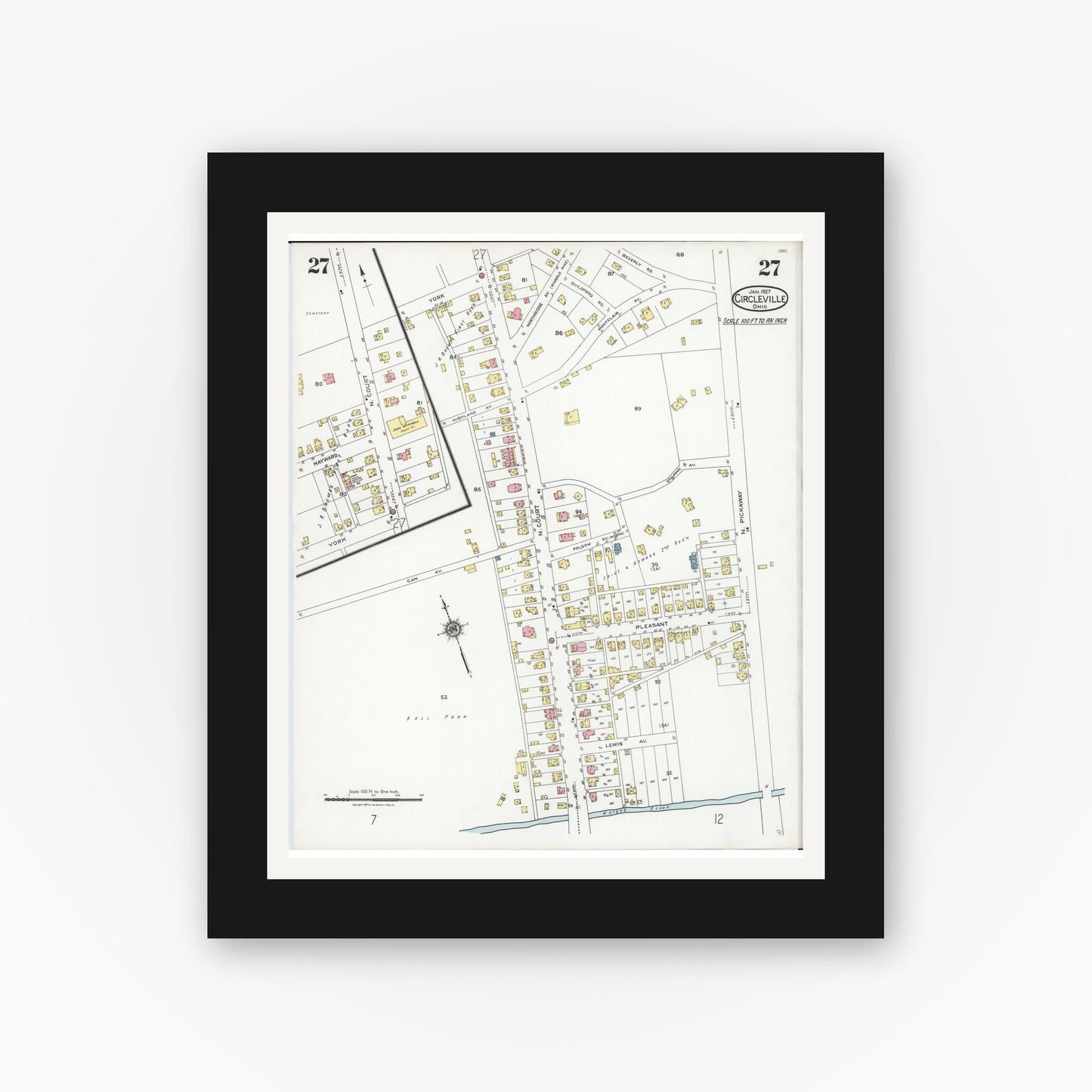 Old map wall art mockup — black gallery frame with white mat — Sanborn Fire Insurance Map from Circleville, Pickaway County, Ohio (1927), Sheet #0027