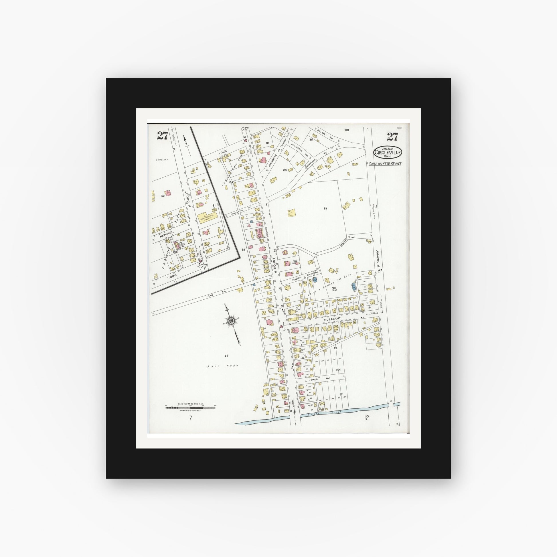 Old map wall art mockup — black gallery frame with white mat — Sanborn Fire Insurance Map from Circleville, Pickaway County, Ohio (1927), Sheet #0027