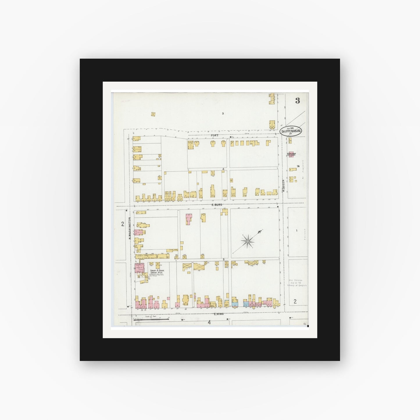 Old map wall art mockup — black gallery frame with white mat — Sanborn Fire Insurance Map from Shippensburg, Cumberland And Franklin Counties, Pennsylvania (1899), Sheet #0003