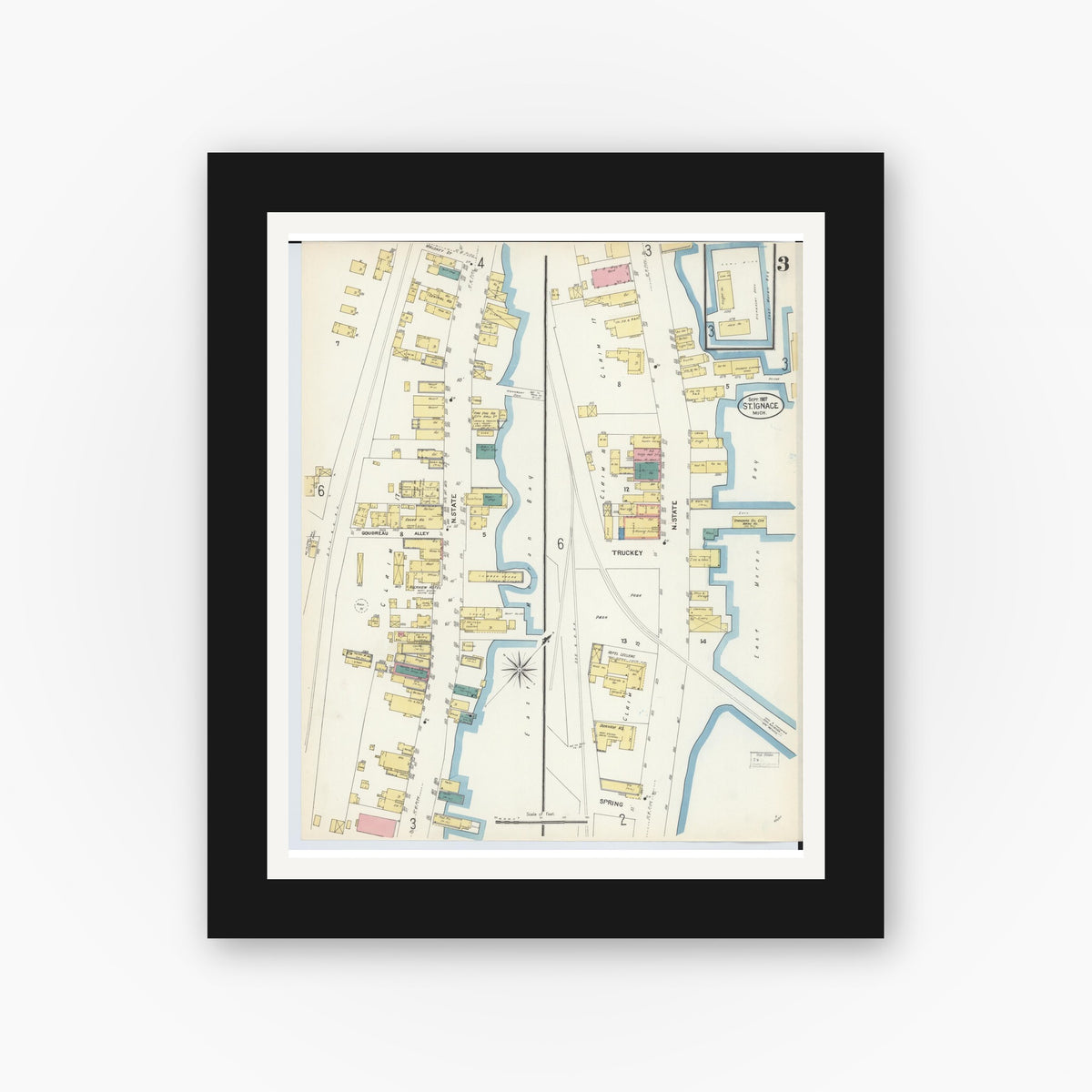 Old map wall art mockup — black gallery frame with white mat — Sanborn Fire Insurance Map from Saint Ignace, Mackinac County, Michigan (1907), Sheet #0003
