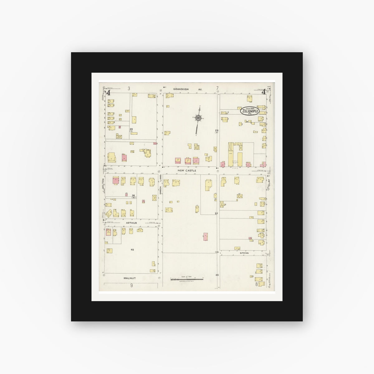 Old map wall art mockup — black gallery frame with white mat — Sanborn Fire Insurance Map from Zelienople, Butler County, Pennsylvania (1925), Sheet #0004