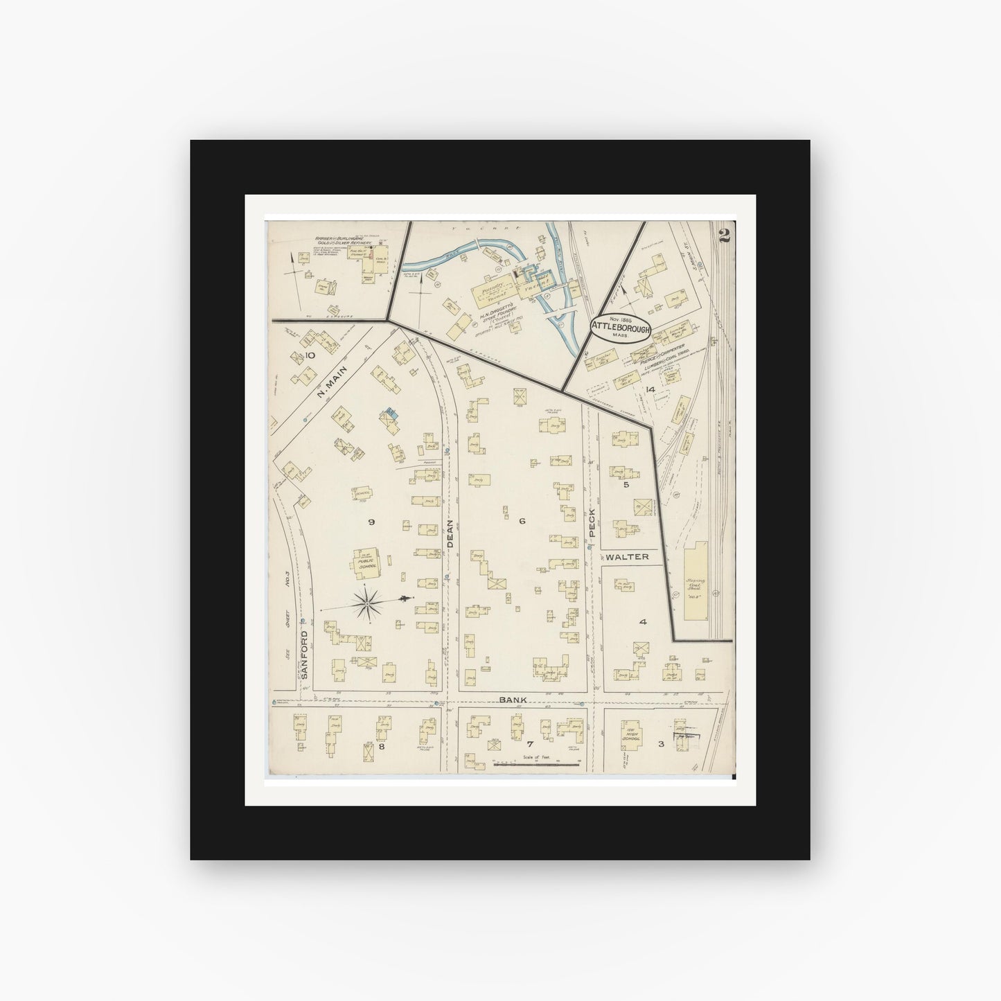 Old map wall art mockup — black gallery frame with white mat — Sanborn Fire Insurance Map from Attleboro, Bristol County, Massachusetts (1885), Sheet #0002