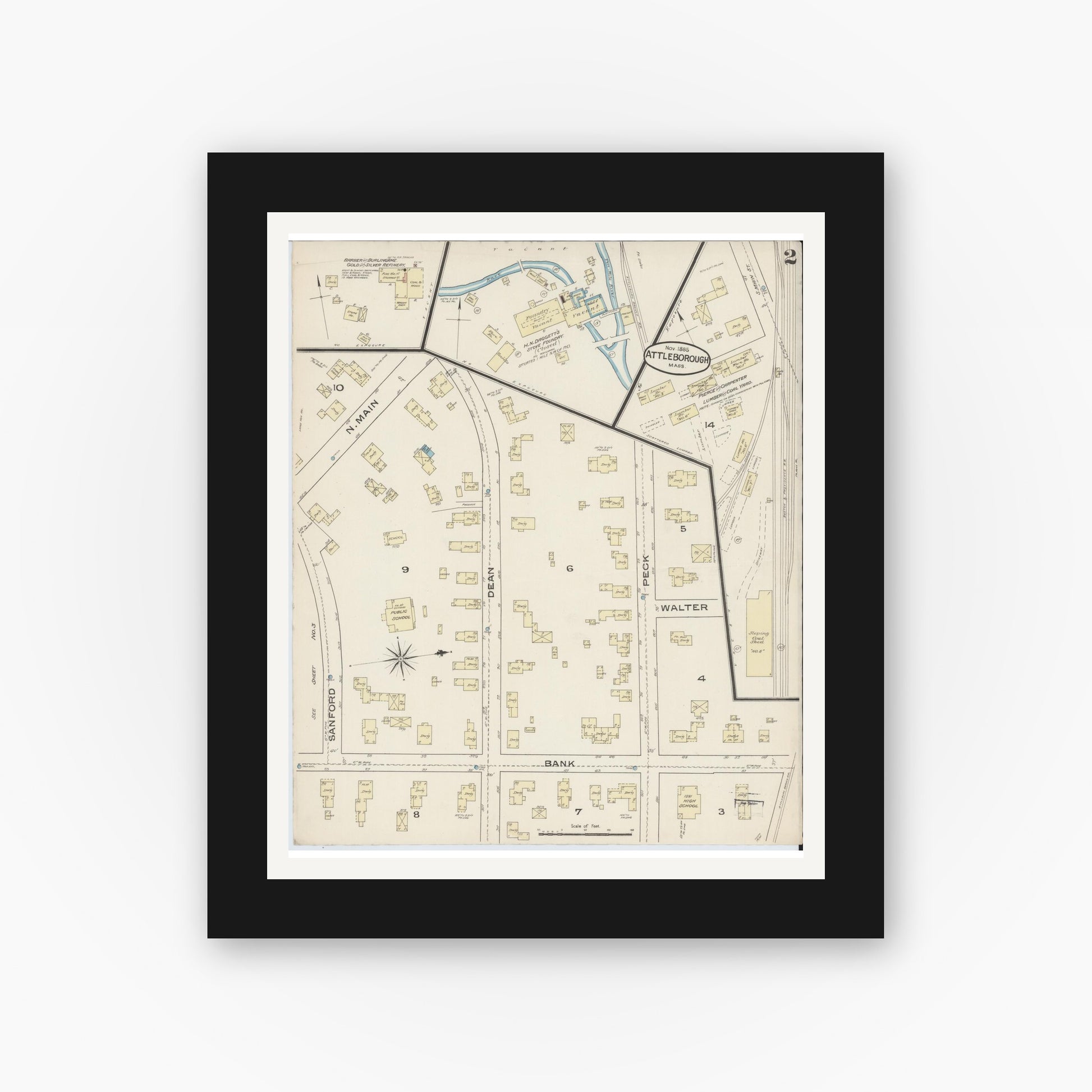 Old map wall art mockup — black gallery frame with white mat — Sanborn Fire Insurance Map from Attleboro, Bristol County, Massachusetts (1885), Sheet #0002