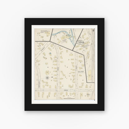 Old map wall art mockup — black gallery frame with white mat — Sanborn Fire Insurance Map from Attleboro, Bristol County, Massachusetts (1885), Sheet #0002