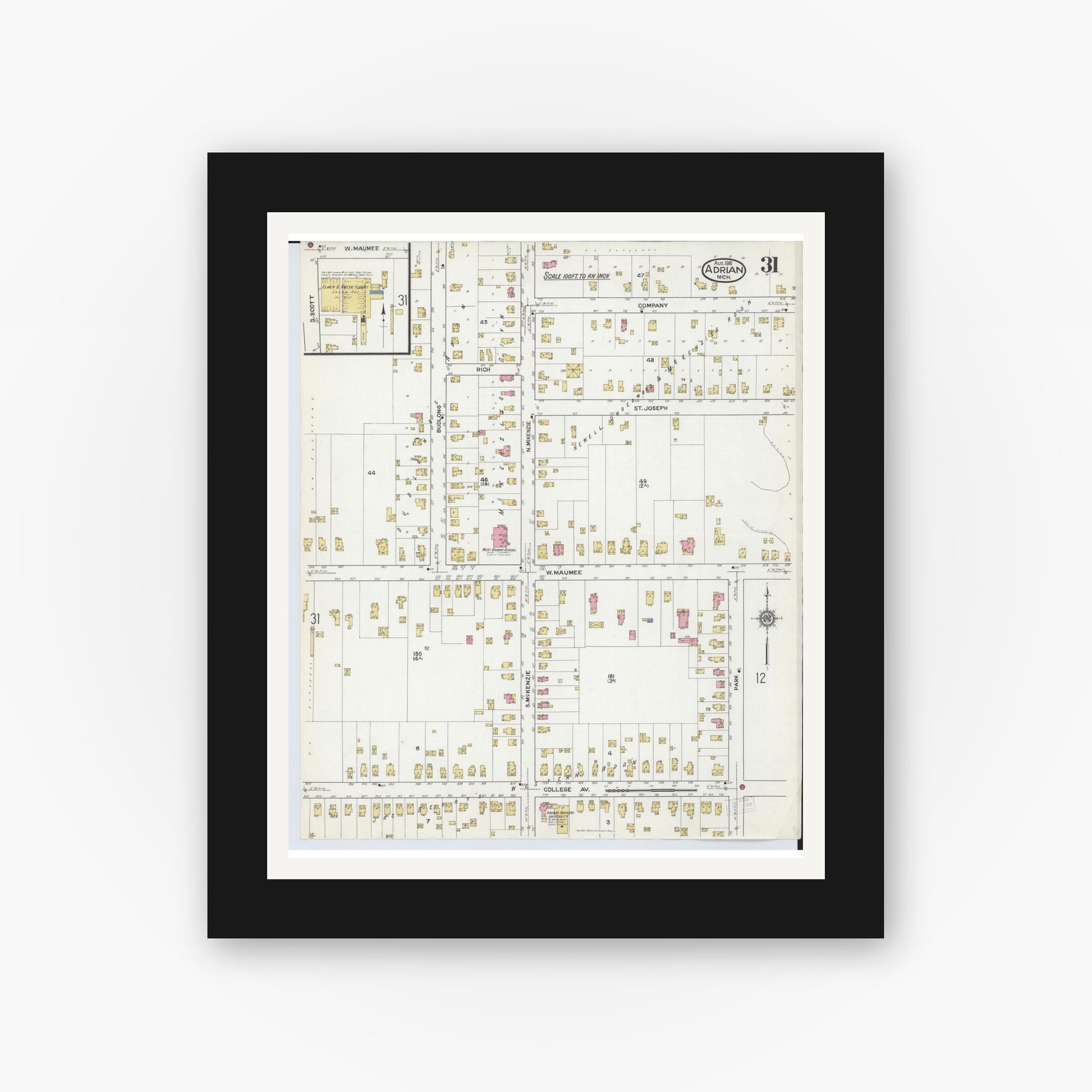 Old map wall art mockup — black gallery frame with white mat — Sanborn Fire Insurance Map from Adrian, Lenawee County, Michigan (1916), Sheet #0031
