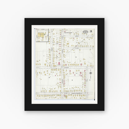 Old map wall art mockup — black gallery frame with white mat — Sanborn Fire Insurance Map from Adrian, Lenawee County, Michigan (1916), Sheet #0031