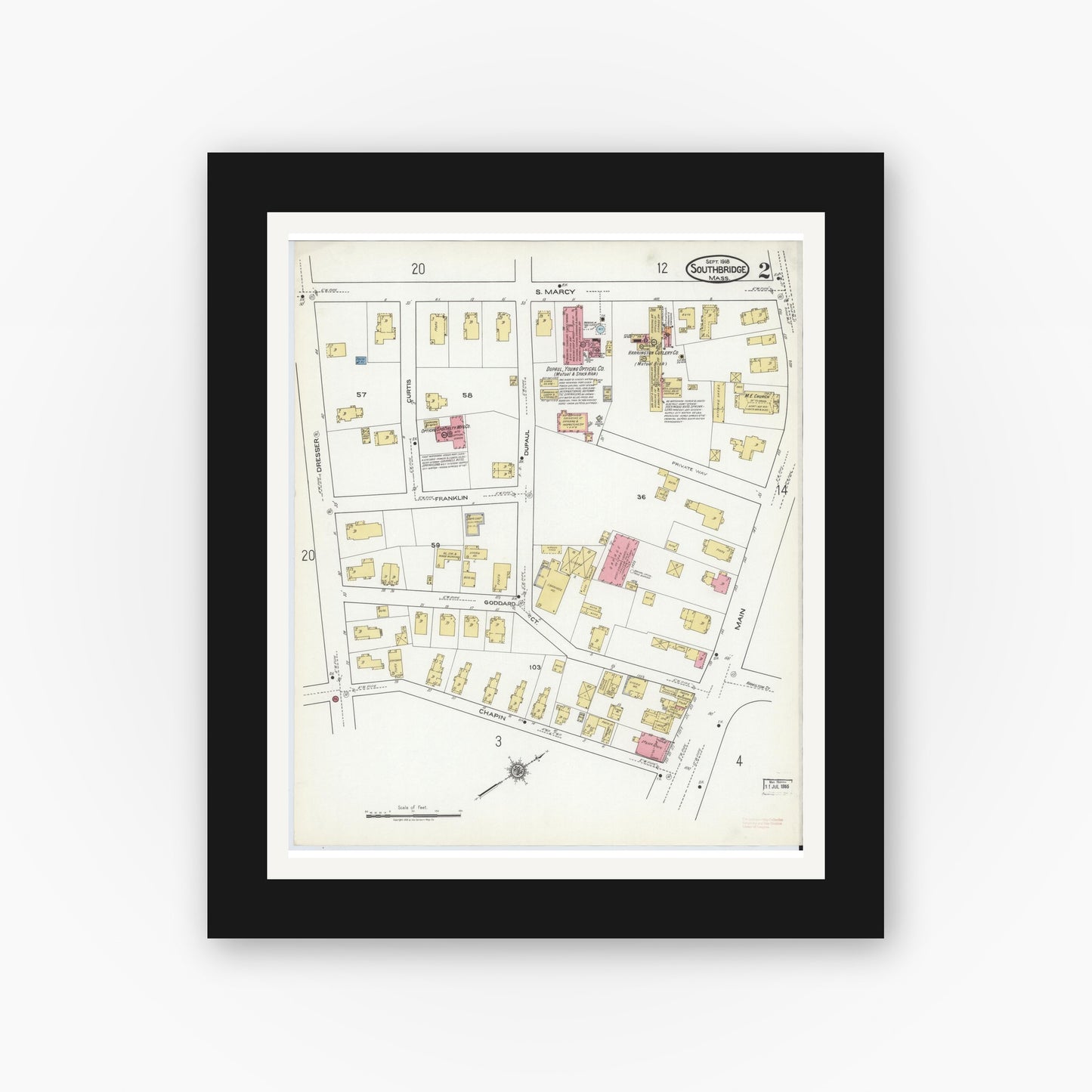 Old map wall art mockup — black gallery frame with white mat — Sanborn Fire Insurance Map from Southbridge, Worcester County, Massachusetts (1918), Sheet #0002