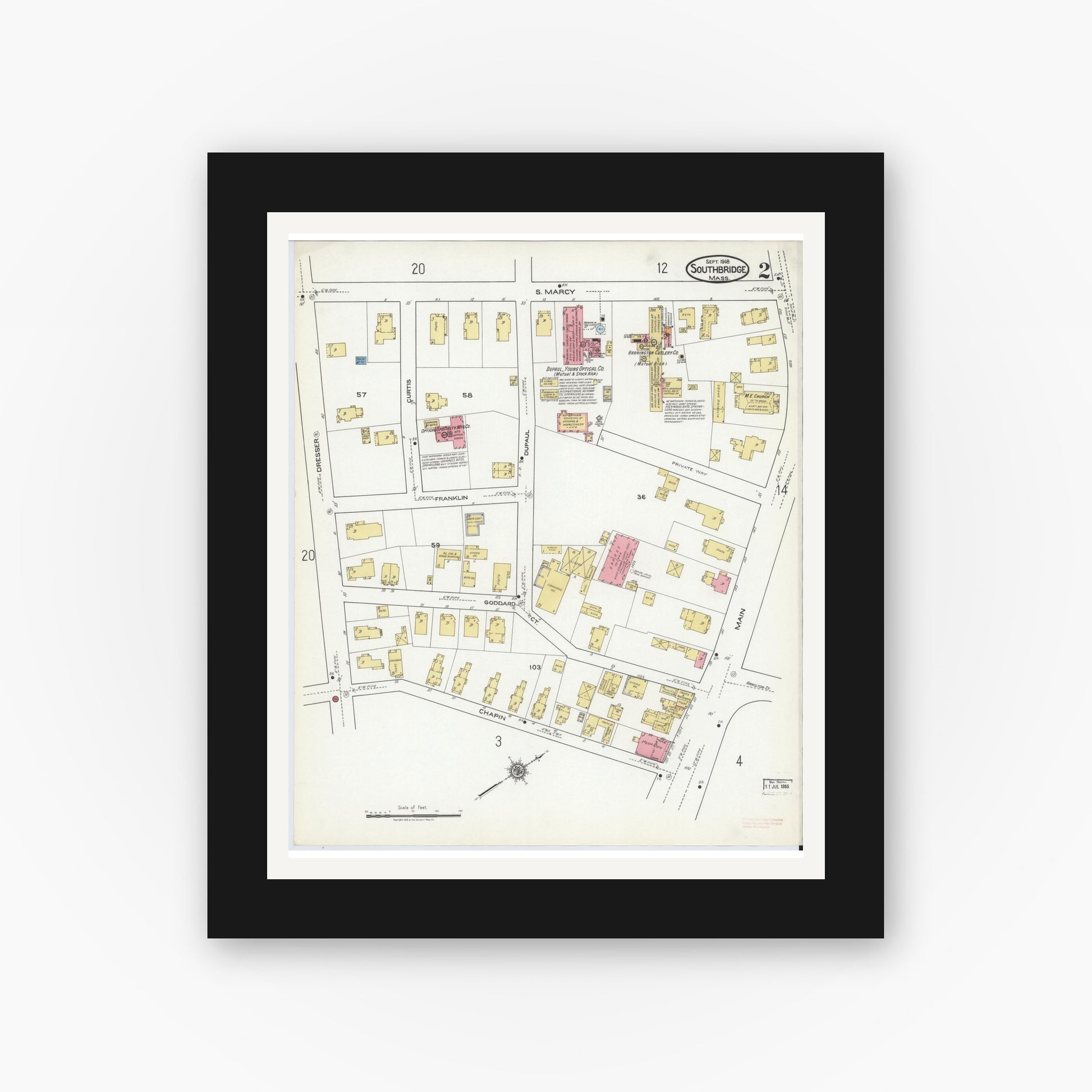 Old map wall art mockup — black gallery frame with white mat — Sanborn Fire Insurance Map from Southbridge, Worcester County, Massachusetts (1918), Sheet #0002