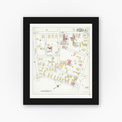 Old map wall art mockup — black gallery frame with white mat — Sanborn Fire Insurance Map from Southbridge, Worcester County, Massachusetts (1918), Sheet #0002